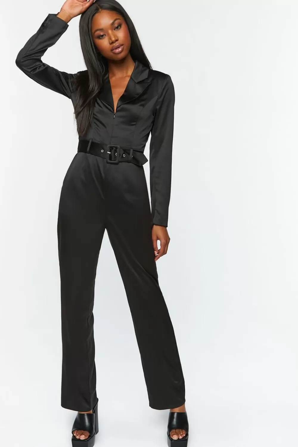 Rompers + Jumpsuits>Forever 21 Satin Belted Long-Sleeve Jumpsuit Black