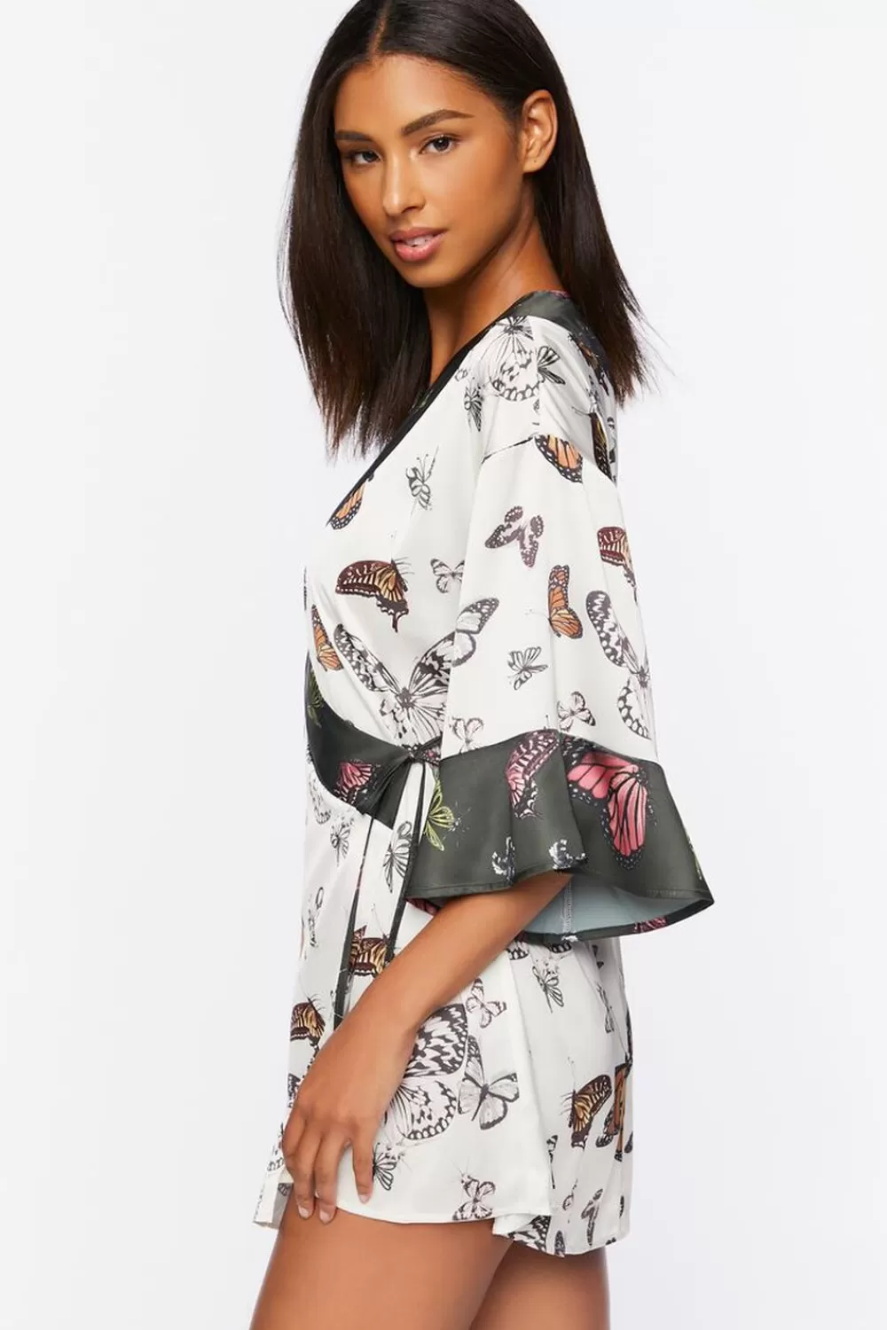 Loungewear>Forever 21 Satin Butterfly Print Robe White/Multi