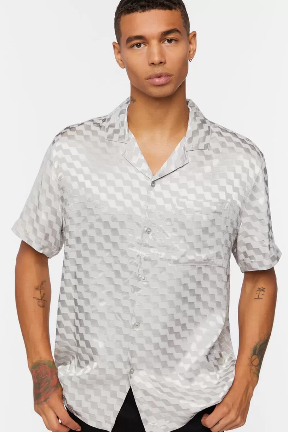 Shirts>Forever 21 Satin Checkered Shirt Grey