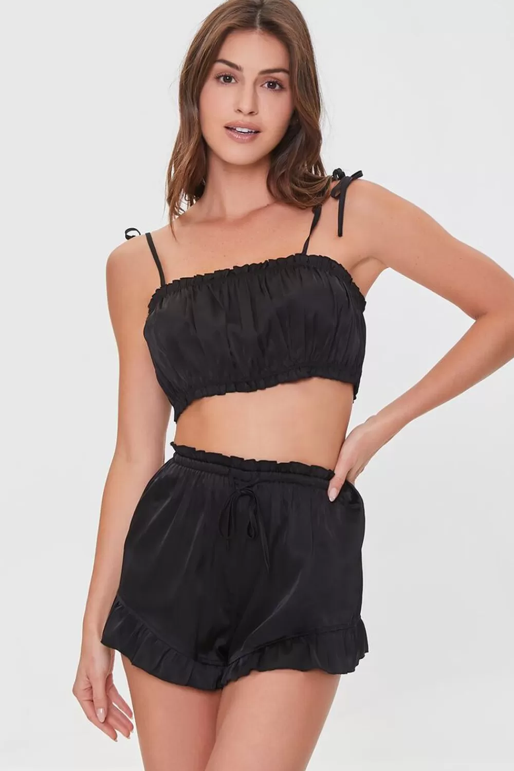 Loungewear>Forever 21 Satin Cropped Cami & Shorts Pajama Set Black
