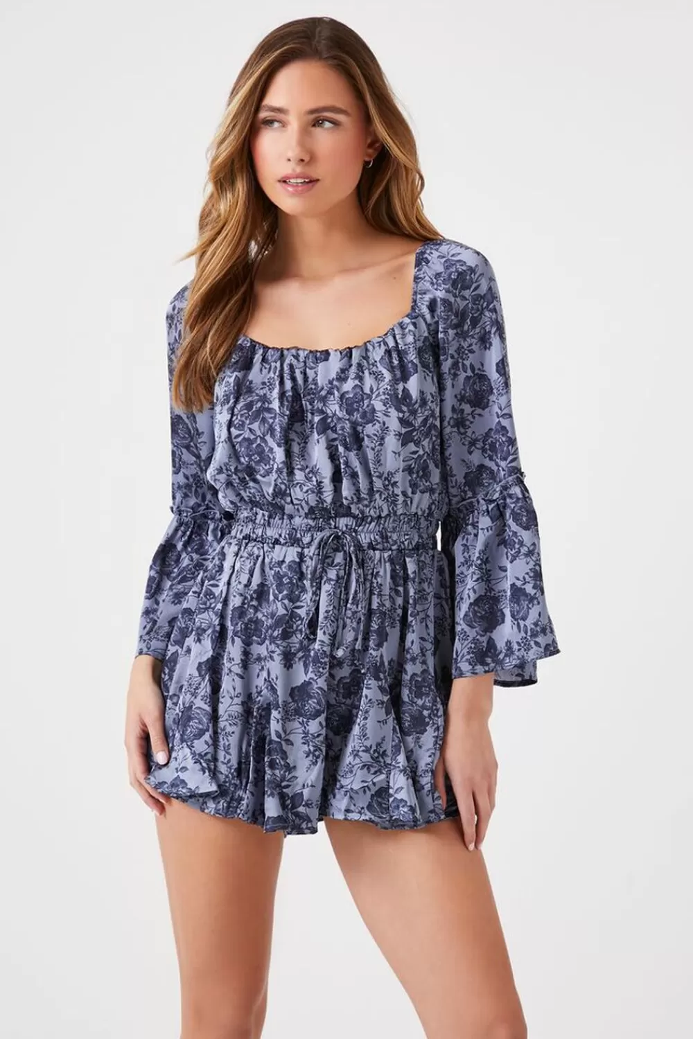 Rompers + Jumpsuits>Forever 21 Satin Floral Bell-Sleeve Romper Blue/Multi