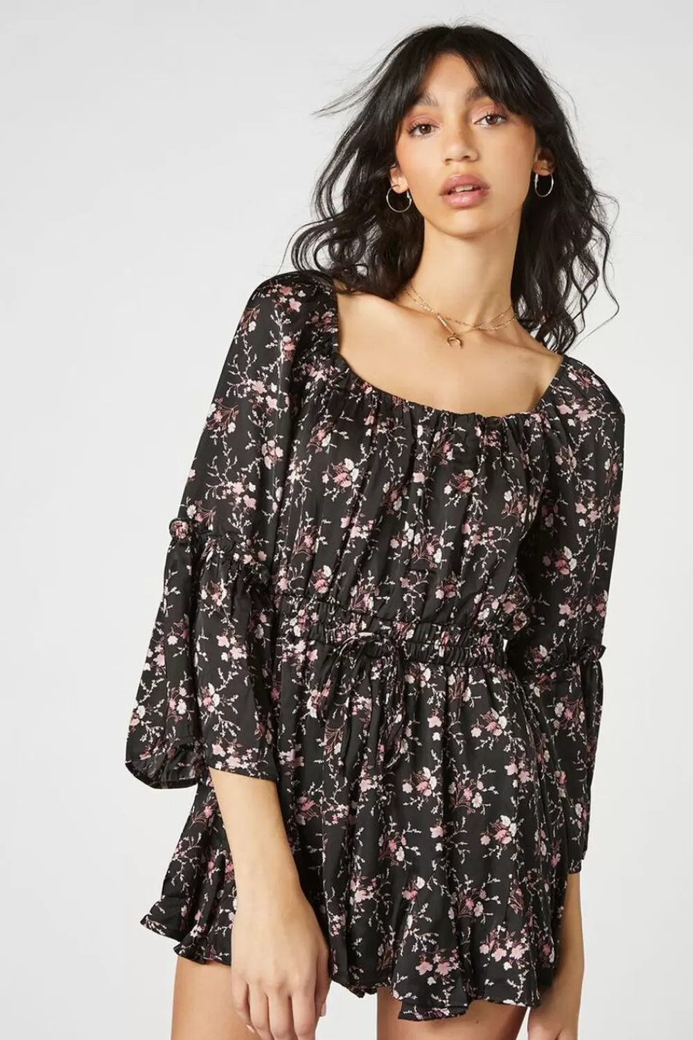 Rompers + Jumpsuits>Forever 21 Satin Floral Print Romper Black/Multi
