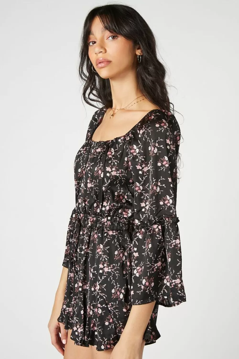 Rompers + Jumpsuits>Forever 21 Satin Floral Print Romper Black/Multi