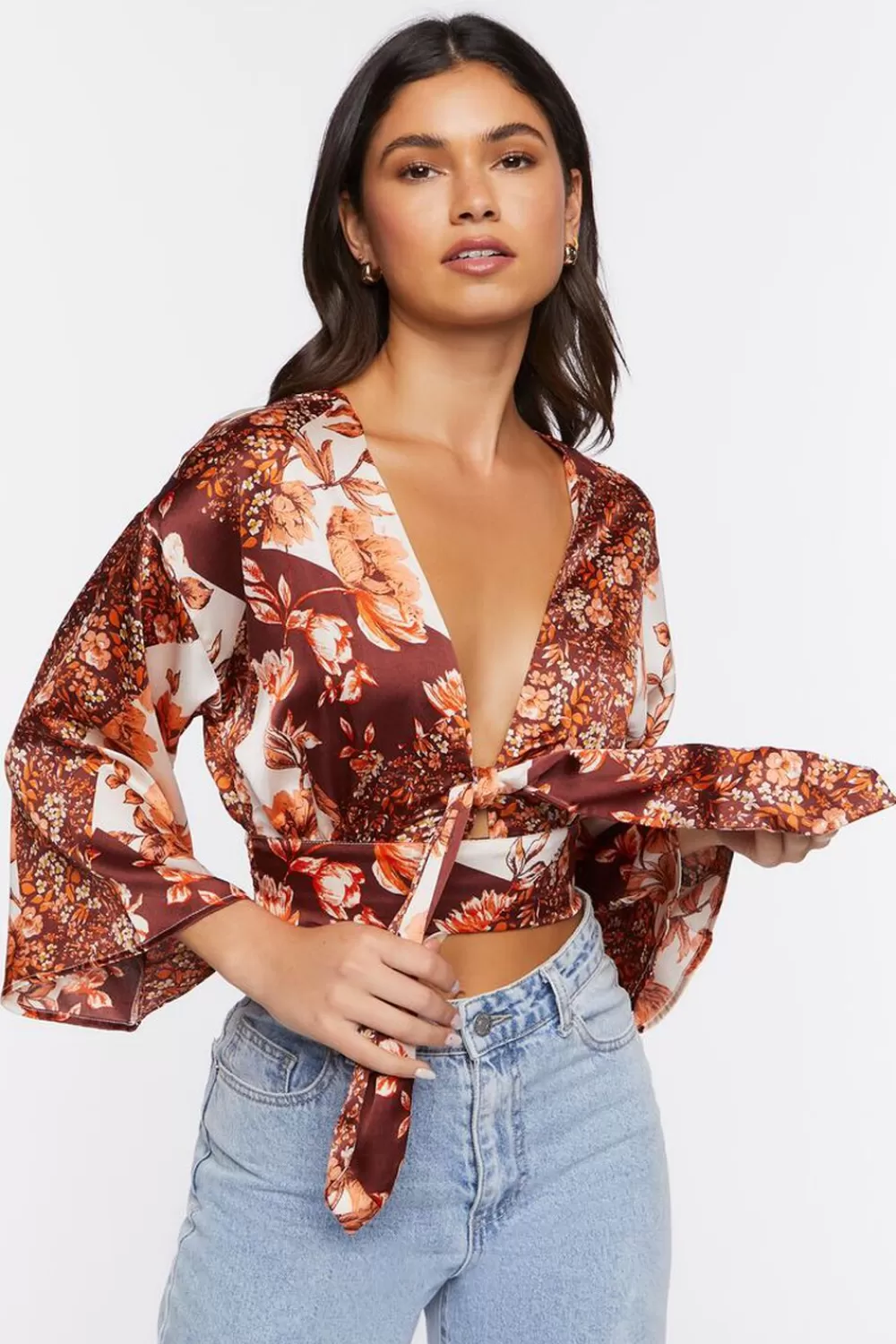Forever 21 Satin Floral Print Tie-Front Top | Women Tops