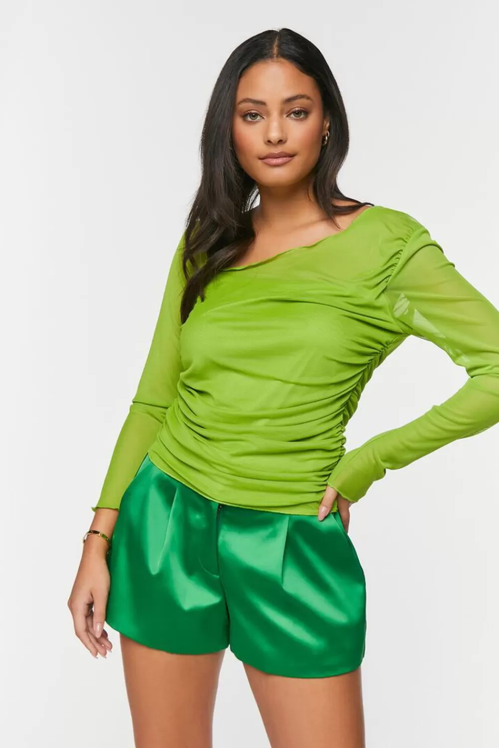 Bottoms>Forever 21 Satin High-Rise Trouser Shorts Green