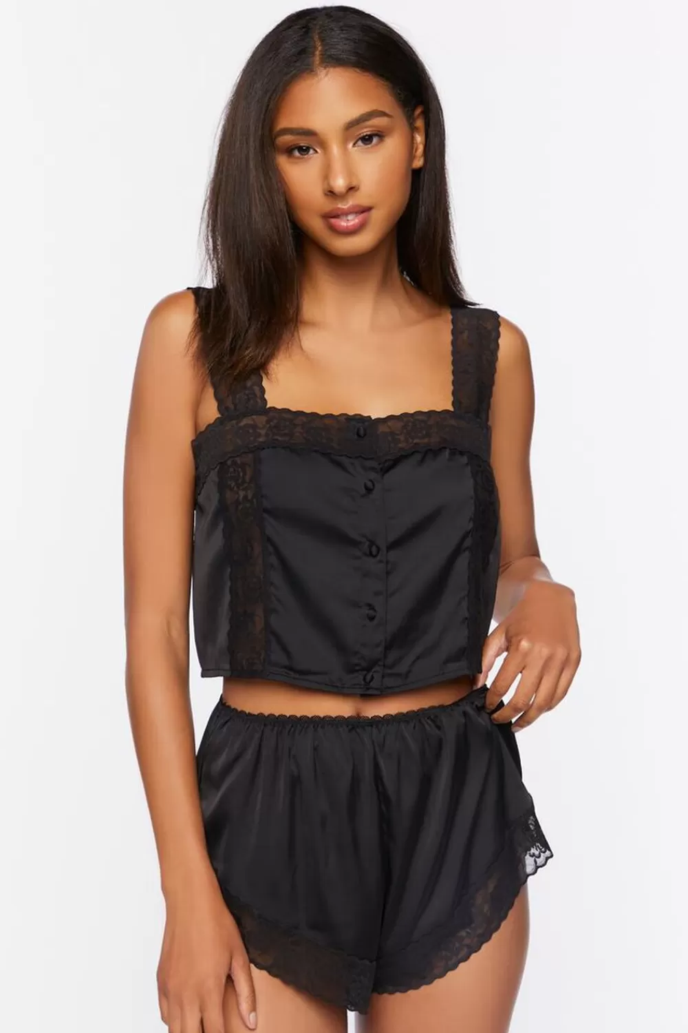 Loungewear>Forever 21 Satin Lace Tank Top & Shorts Lounge Set Black