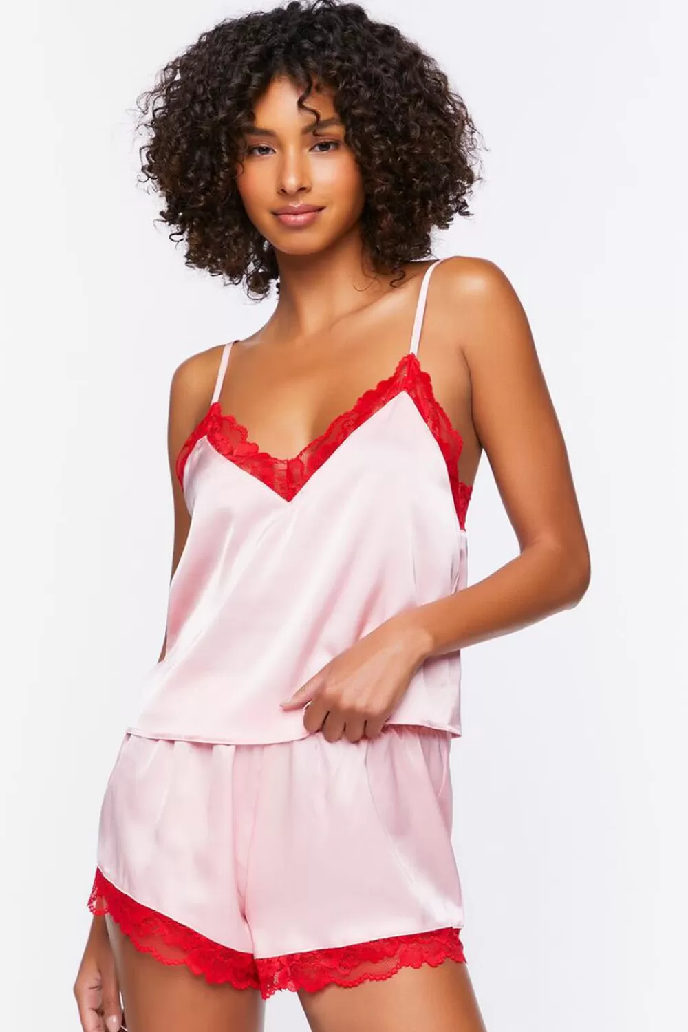 Loungewear>Forever 21 Satin Lace-Trim Cami & Shorts Pajama Set Pink/Red