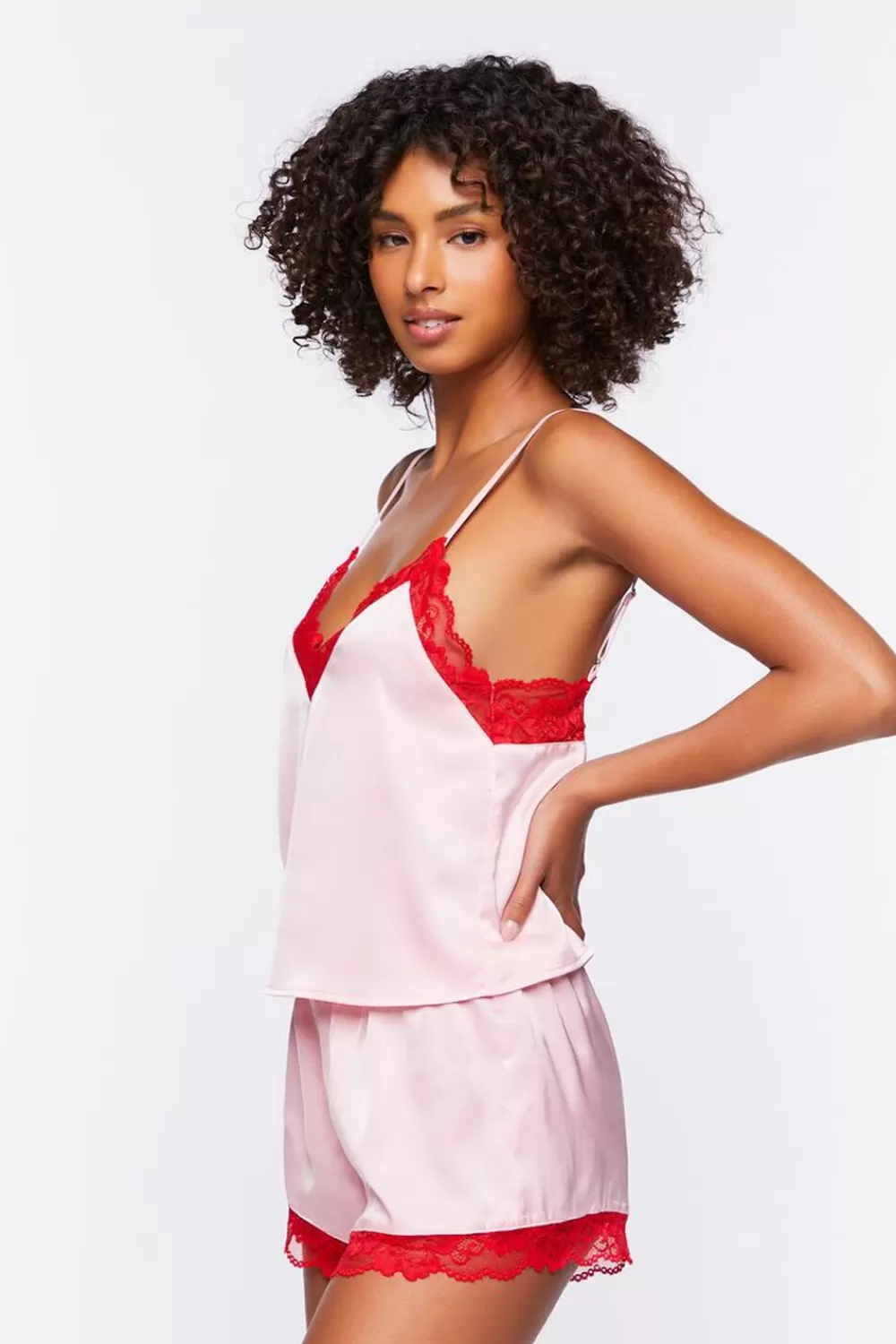 Loungewear>Forever 21 Satin Lace-Trim Cami & Shorts Pajama Set Pink/Red