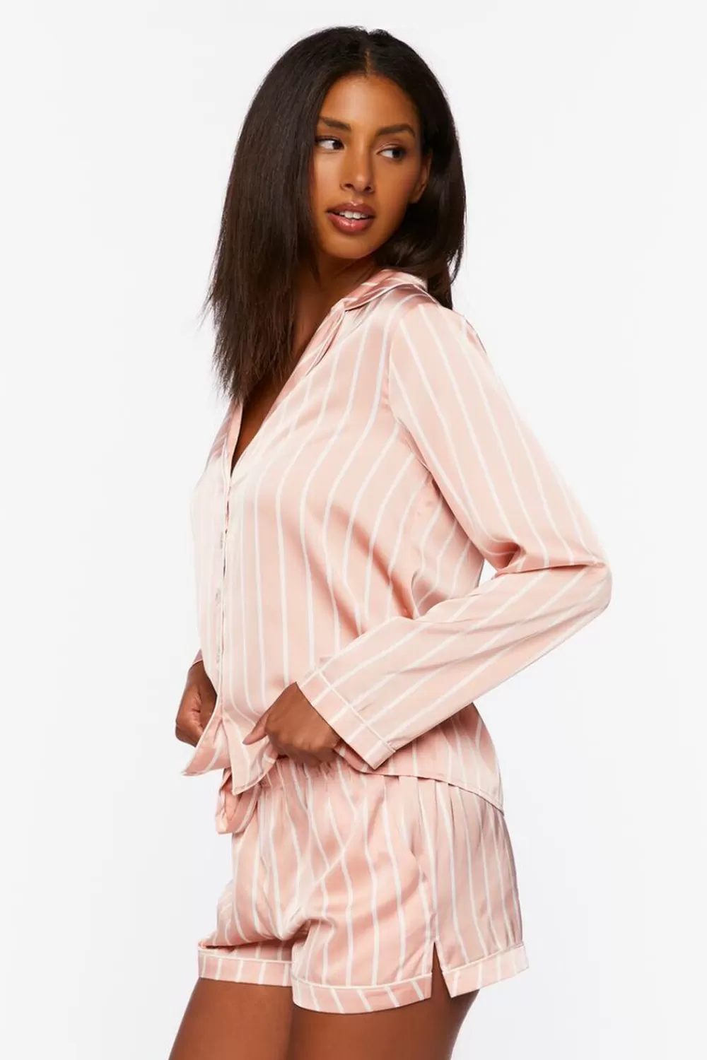 Loungewear>Forever 21 Satin Pinstripe Shirt & Shorts Pajama Set Blush/White