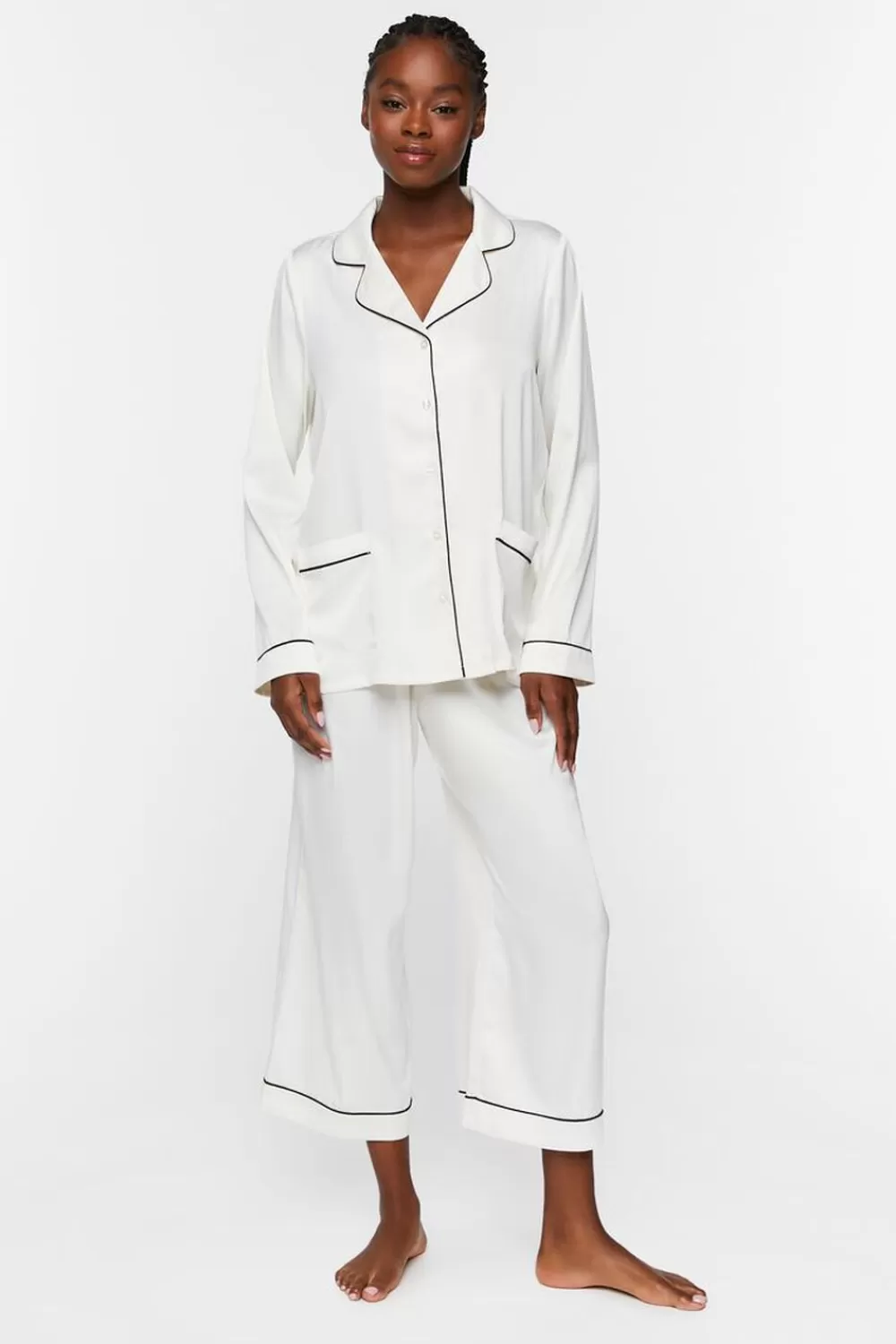 Loungewear>Forever 21 Satin Piped-Trim Shirt & Shorts Pants Set White