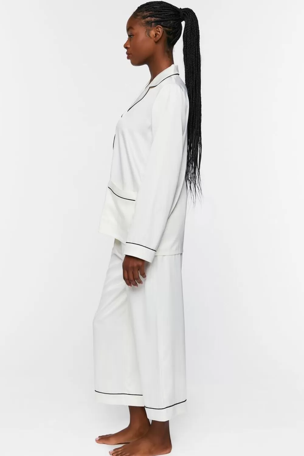 Loungewear>Forever 21 Satin Piped-Trim Shirt & Shorts Pants Set White