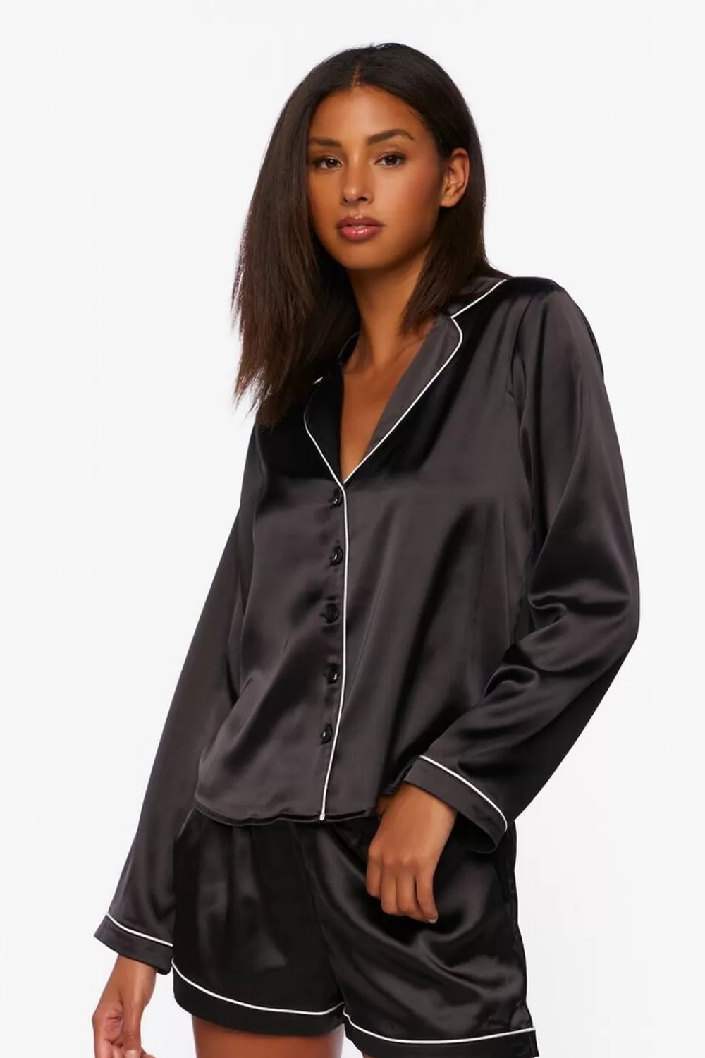 Loungewear>Forever 21 Satin Shirt & Shorts Pajama Set Black/White