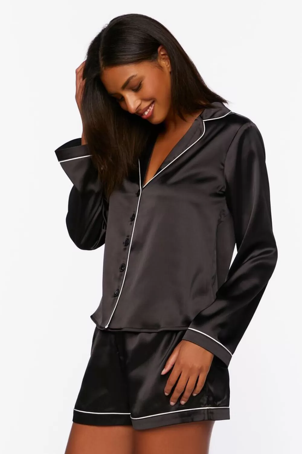 Loungewear>Forever 21 Satin Shirt & Shorts Pajama Set Black/White