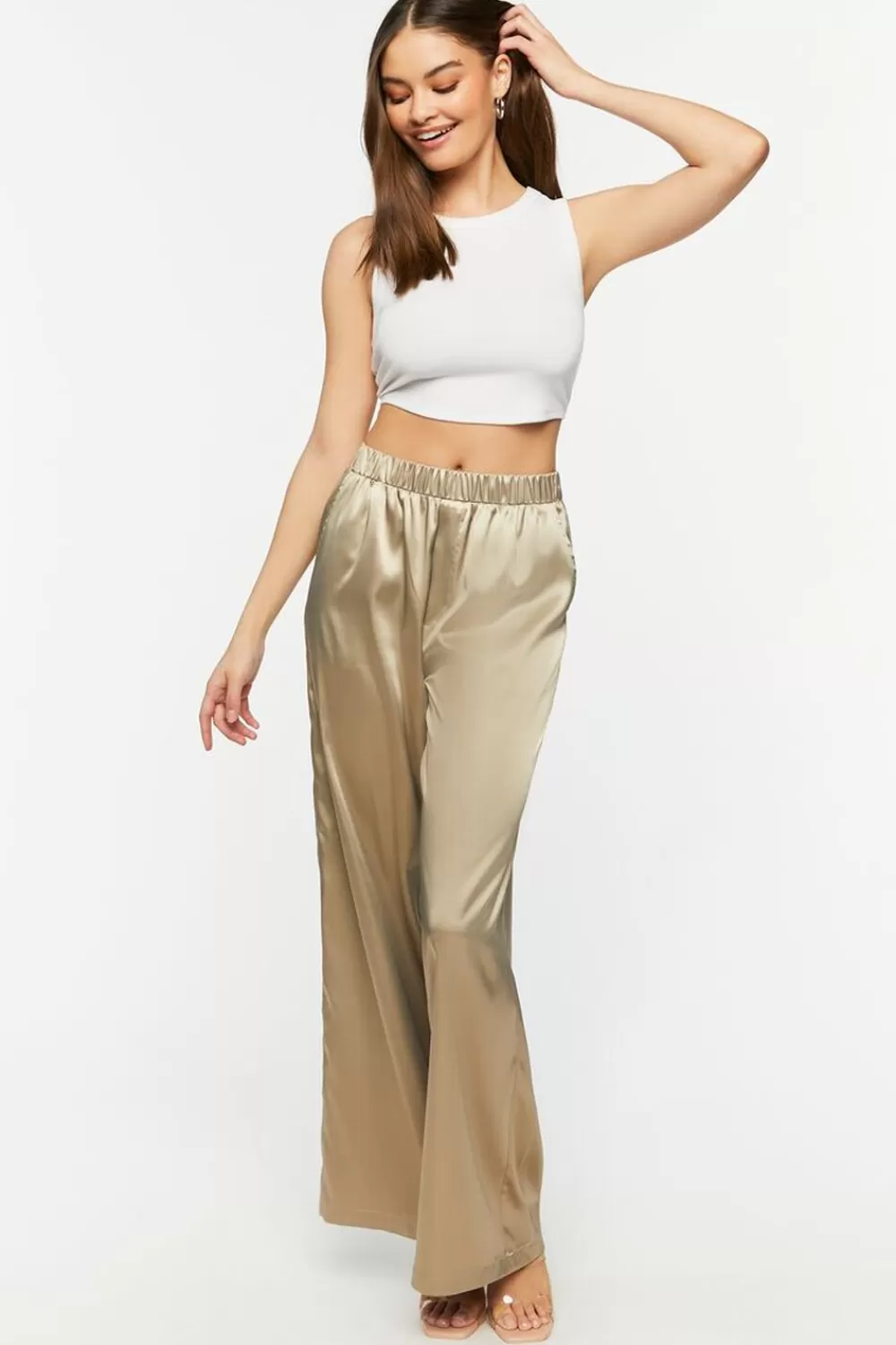 Bottoms>Forever 21 Satin Wide-Leg Pants Taupe
