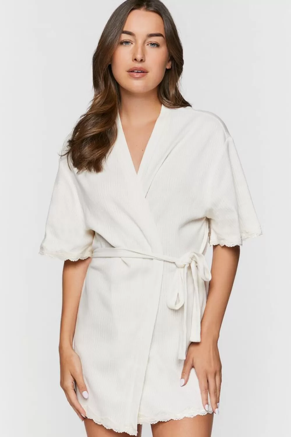 Loungewear>Forever 21 Scalloped-Trim Ribbed Lingerie Robe Vanilla