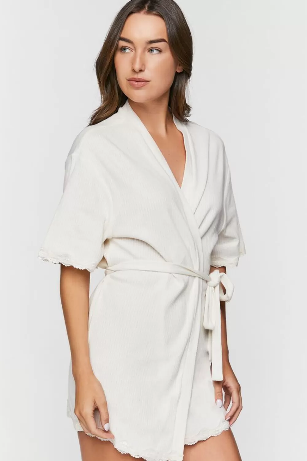 Loungewear>Forever 21 Scalloped-Trim Ribbed Lingerie Robe Vanilla