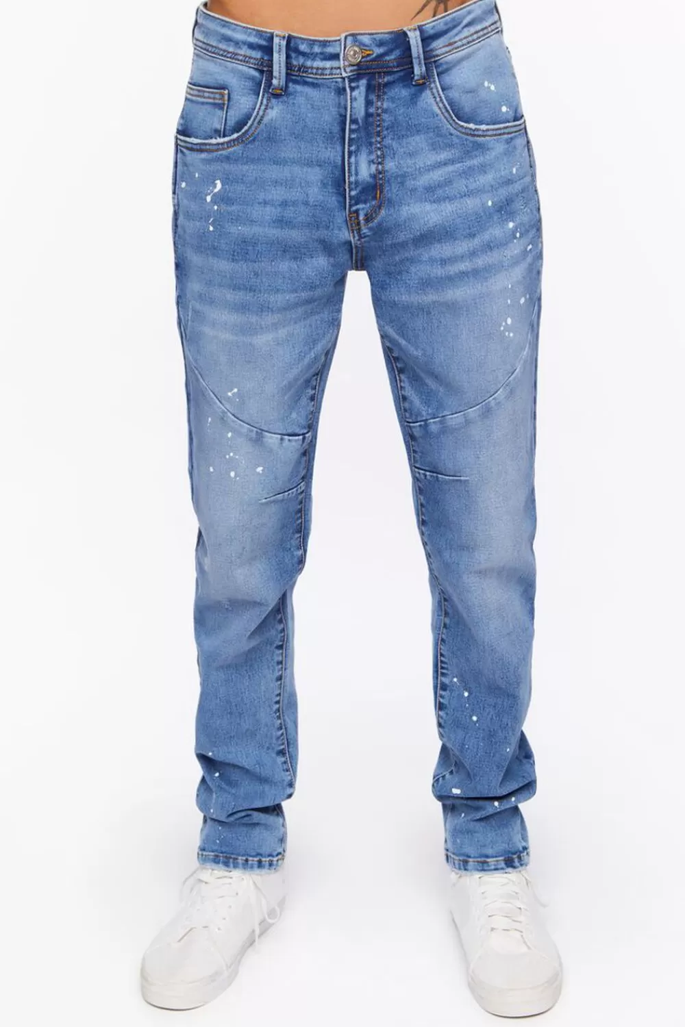 Jeans + Denim>Forever 21 Seamed Paint Splatter Slim-Fit Jeans Medium Denim