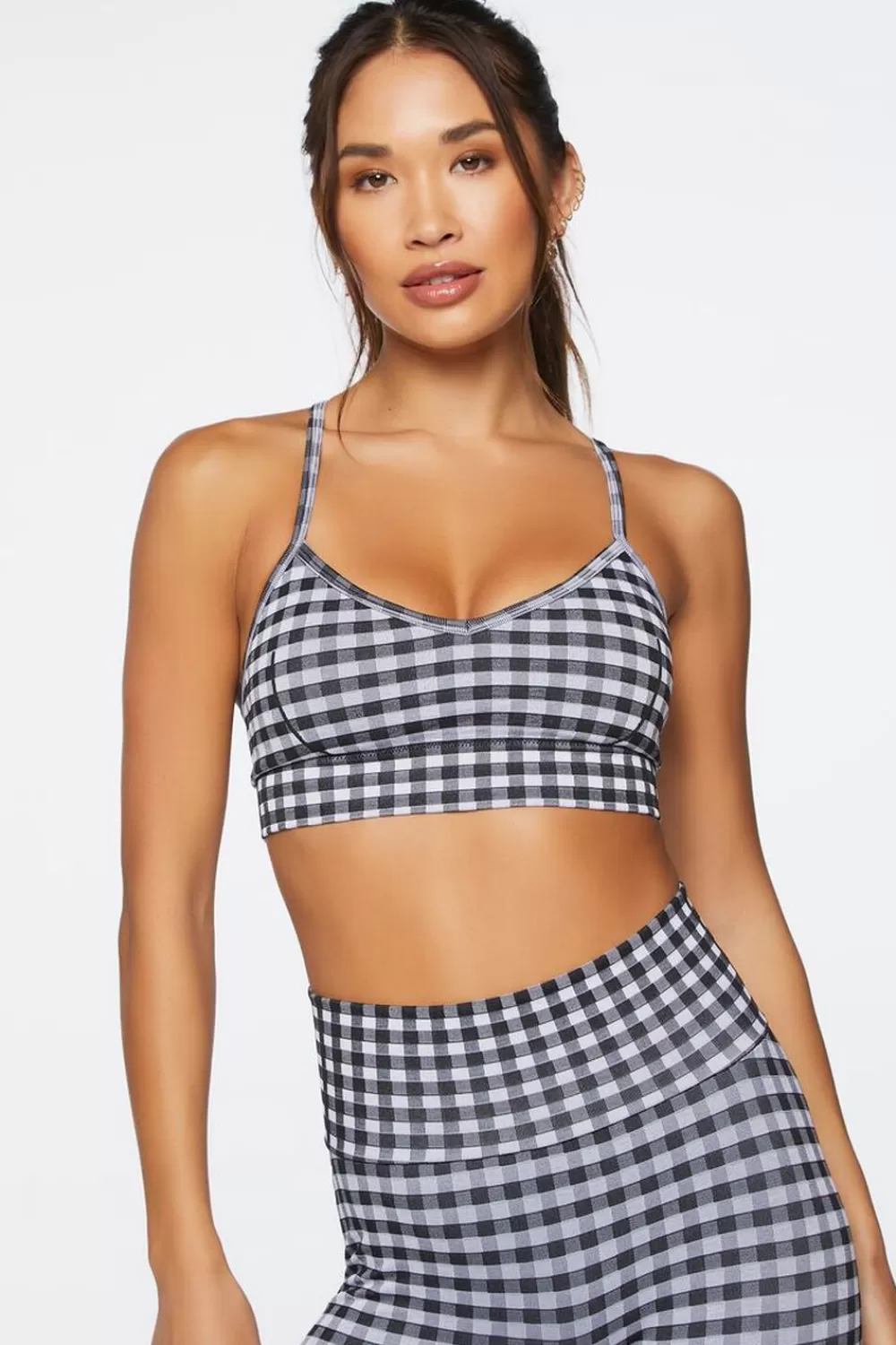 Activewear>Forever 21 Seamless Gingham Sports Bra White/Black