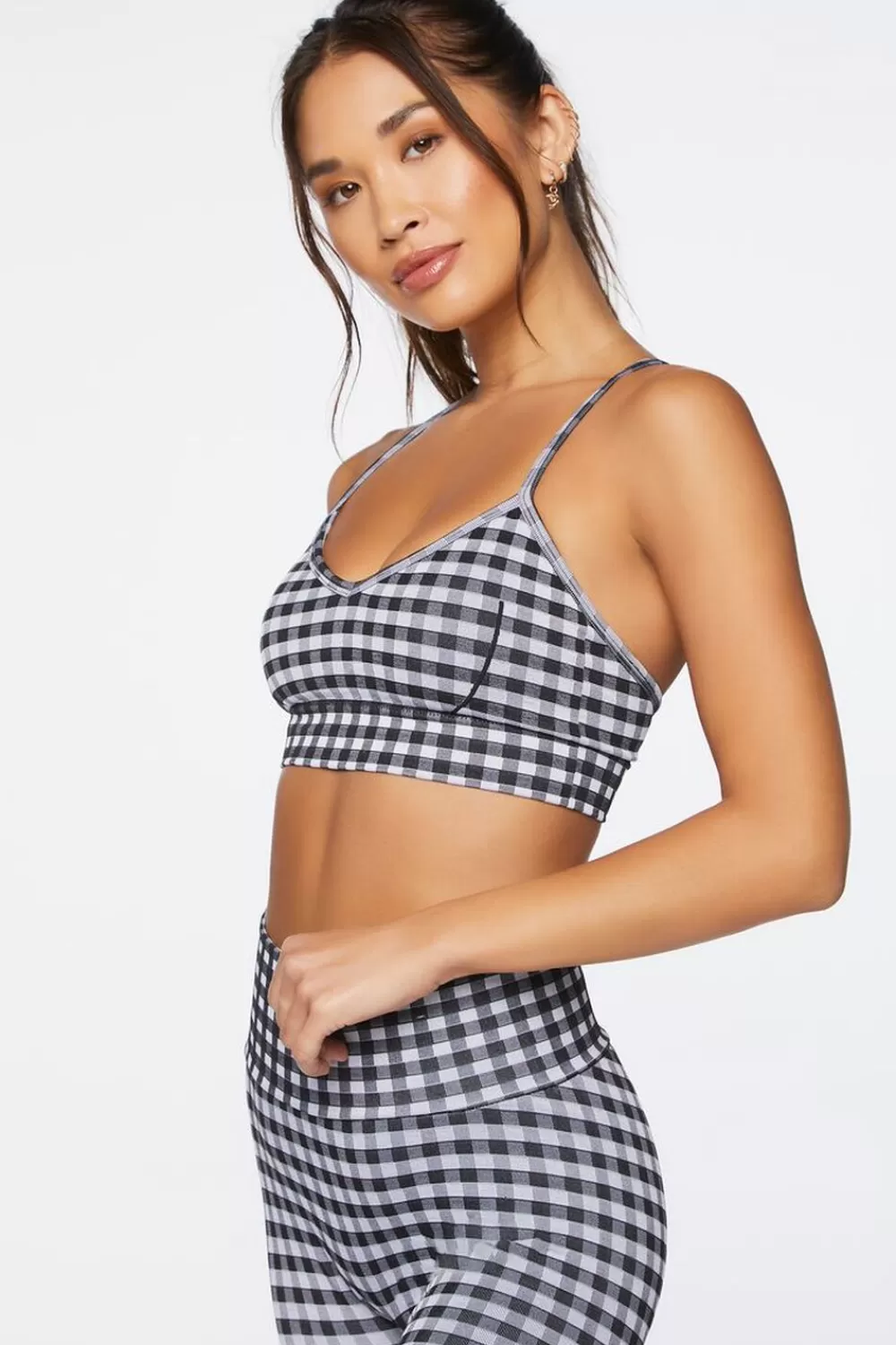 Activewear>Forever 21 Seamless Gingham Sports Bra White/Black