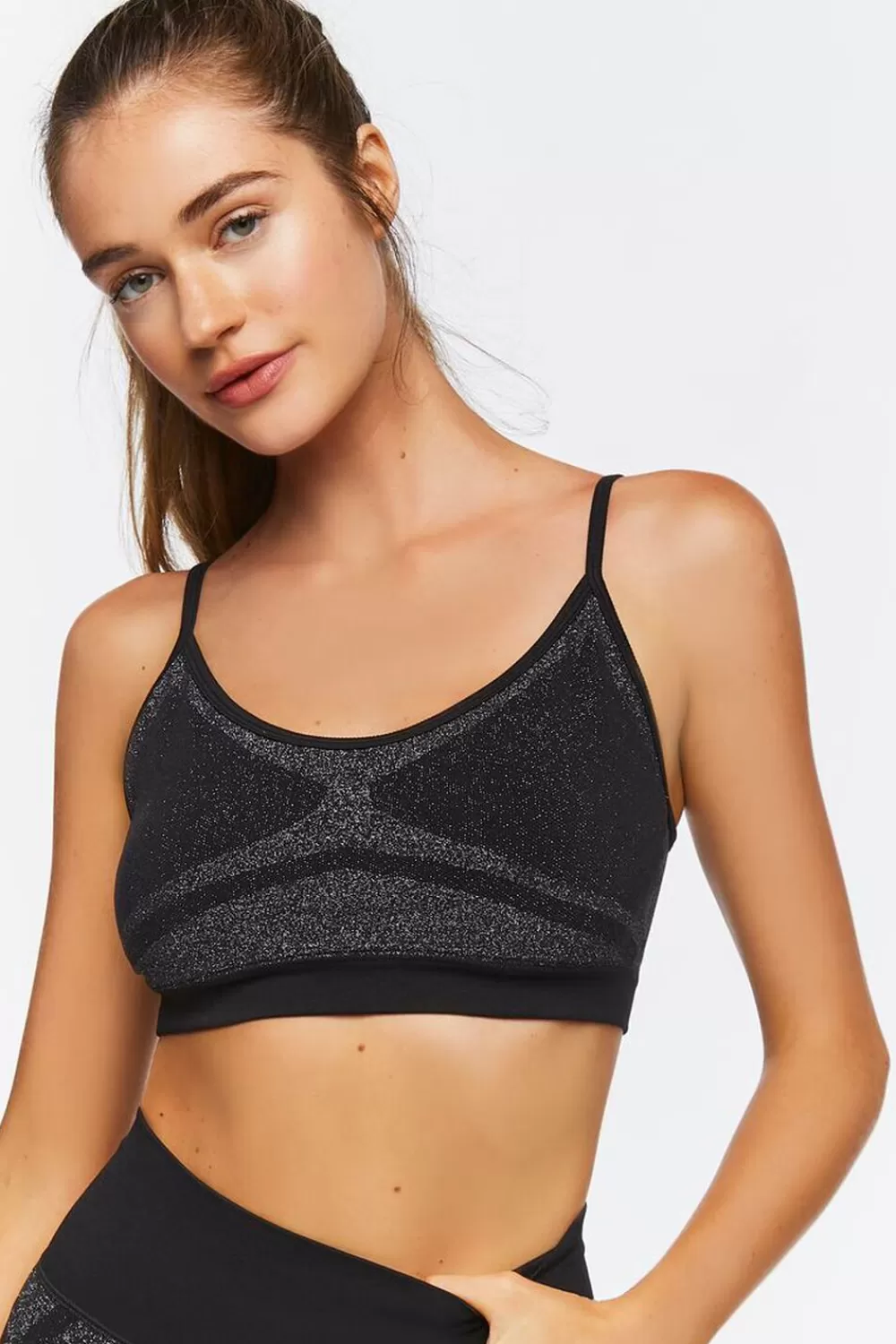 Matching Sets>Forever 21 Seamless Glitter Sports Bra Black/Silver