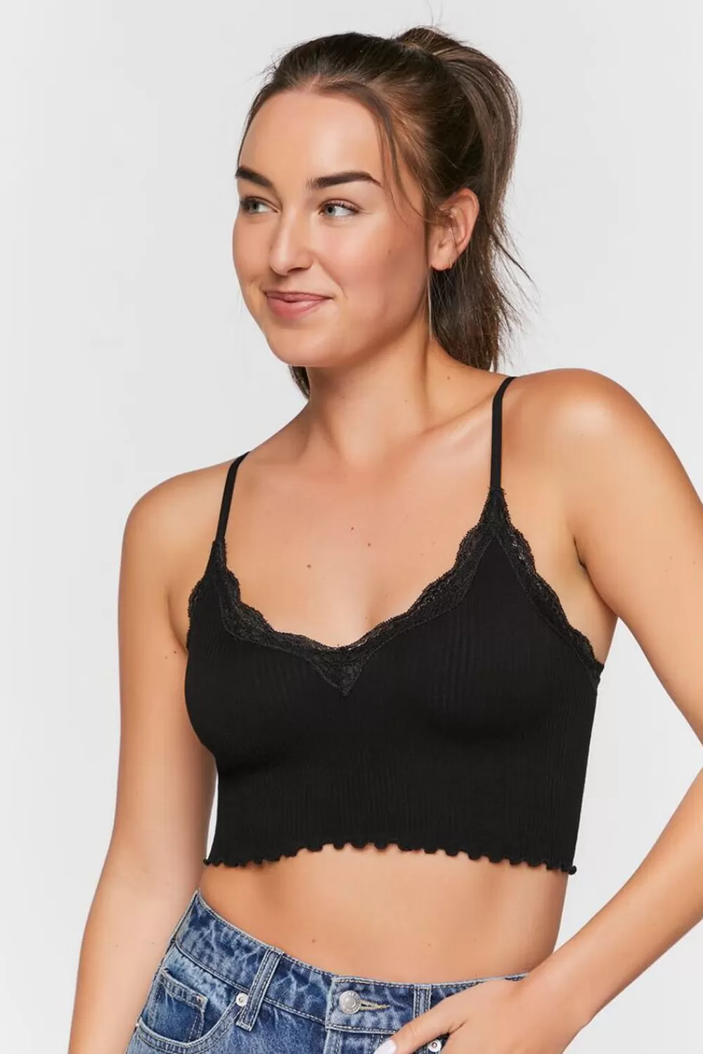 Loungewear>Forever 21 Seamless Lace-Trim Bralette Black