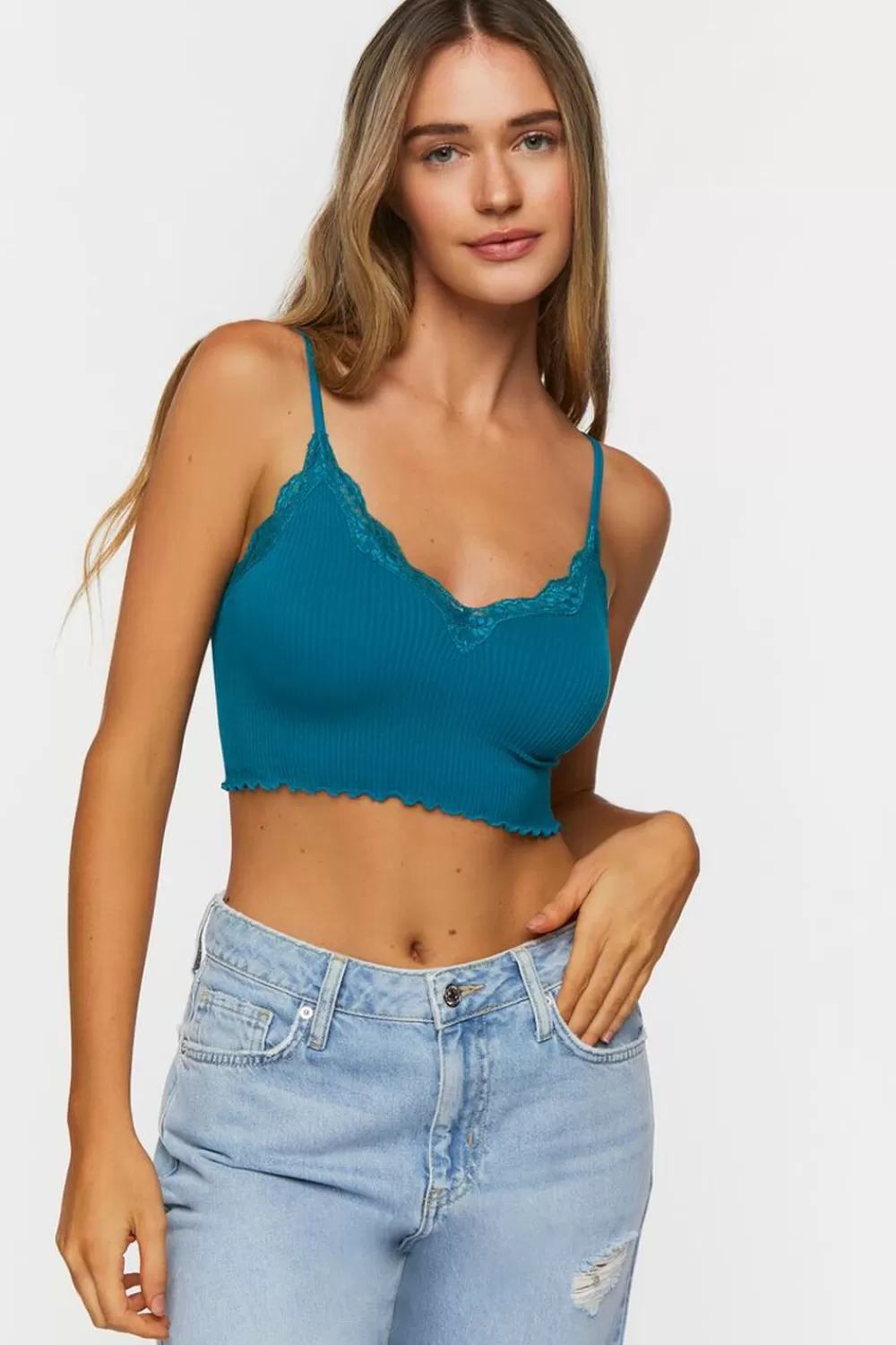 Loungewear>Forever 21 Seamless Lace-Trim Bralette Teal