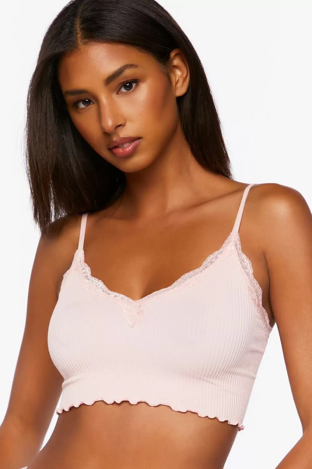 Loungewear>Forever 21 Seamless Lace-Trim Bralette Peachy Cheeks