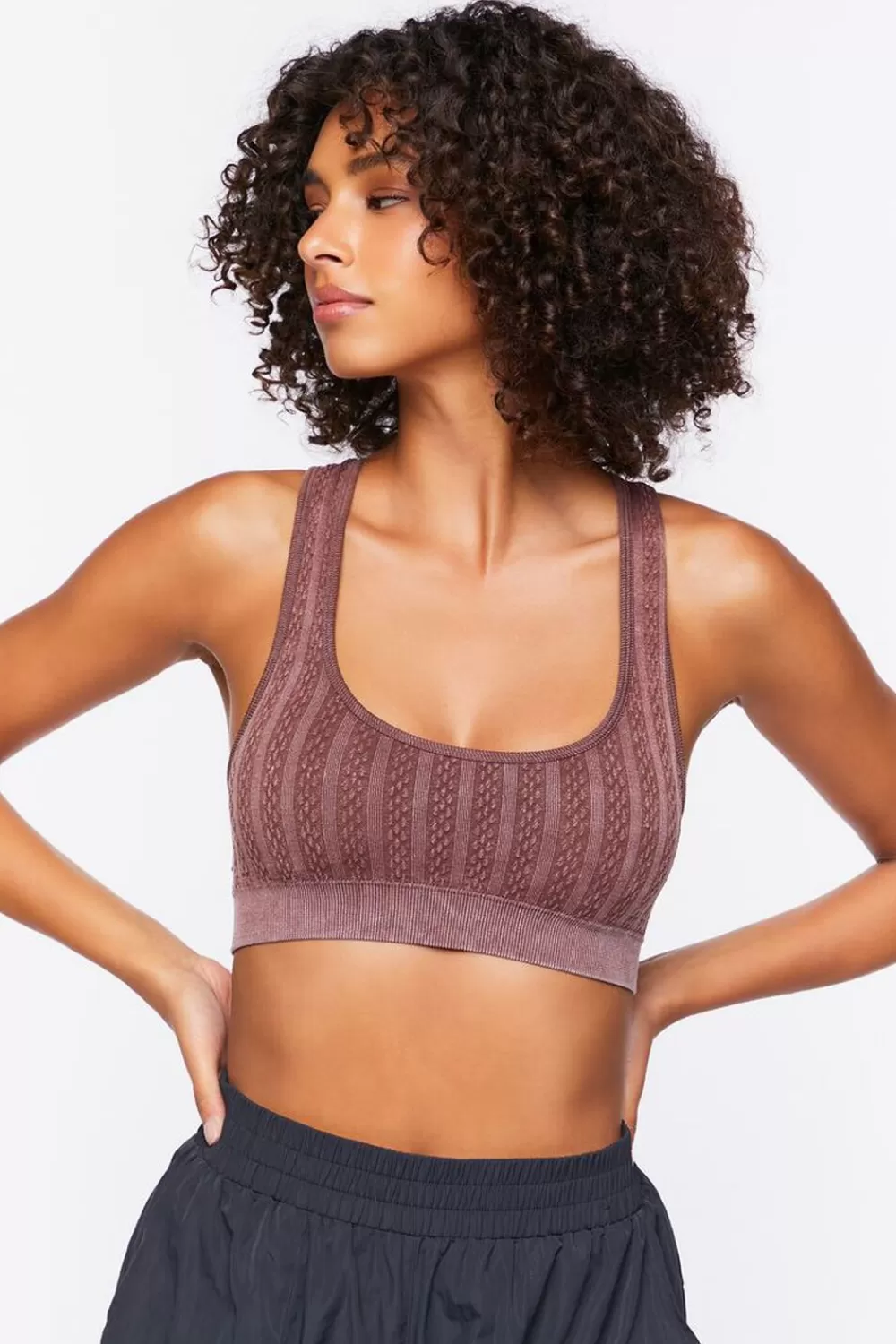 Activewear>Forever 21 Seamless Racerback Textured Sports Bra Turkish Coffee