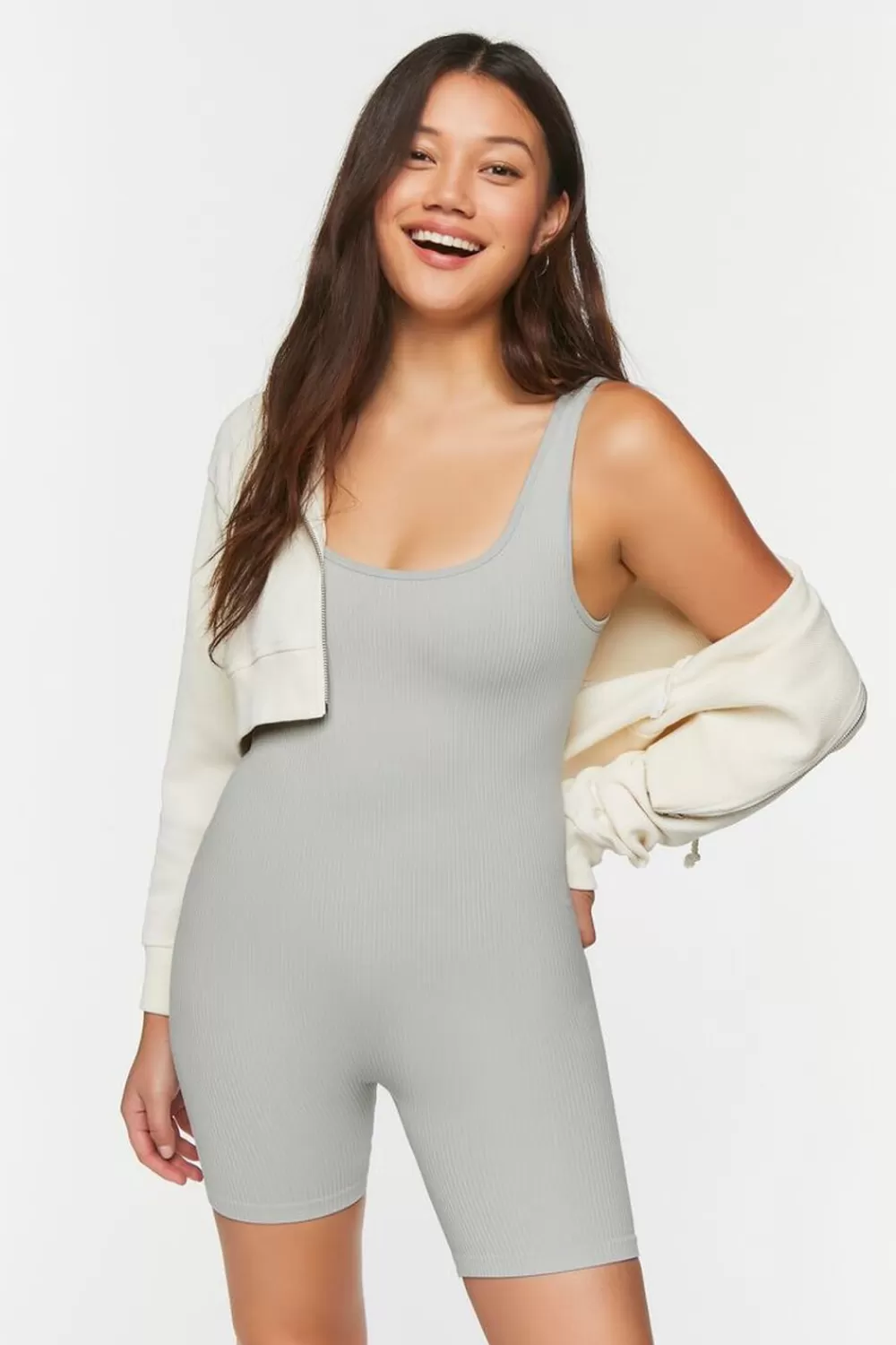 Rompers + Jumpsuits>Forever 21 Seamless Ribbed Tank Romper Grey Violet