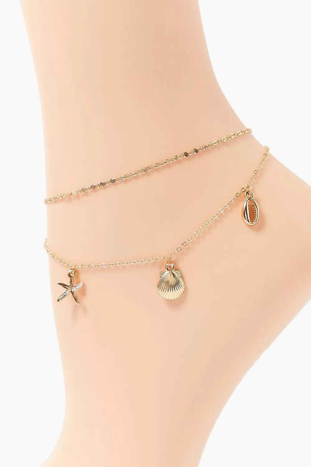 Body Jewelry>Forever 21 Seashell Charm Layered Anklet Gold