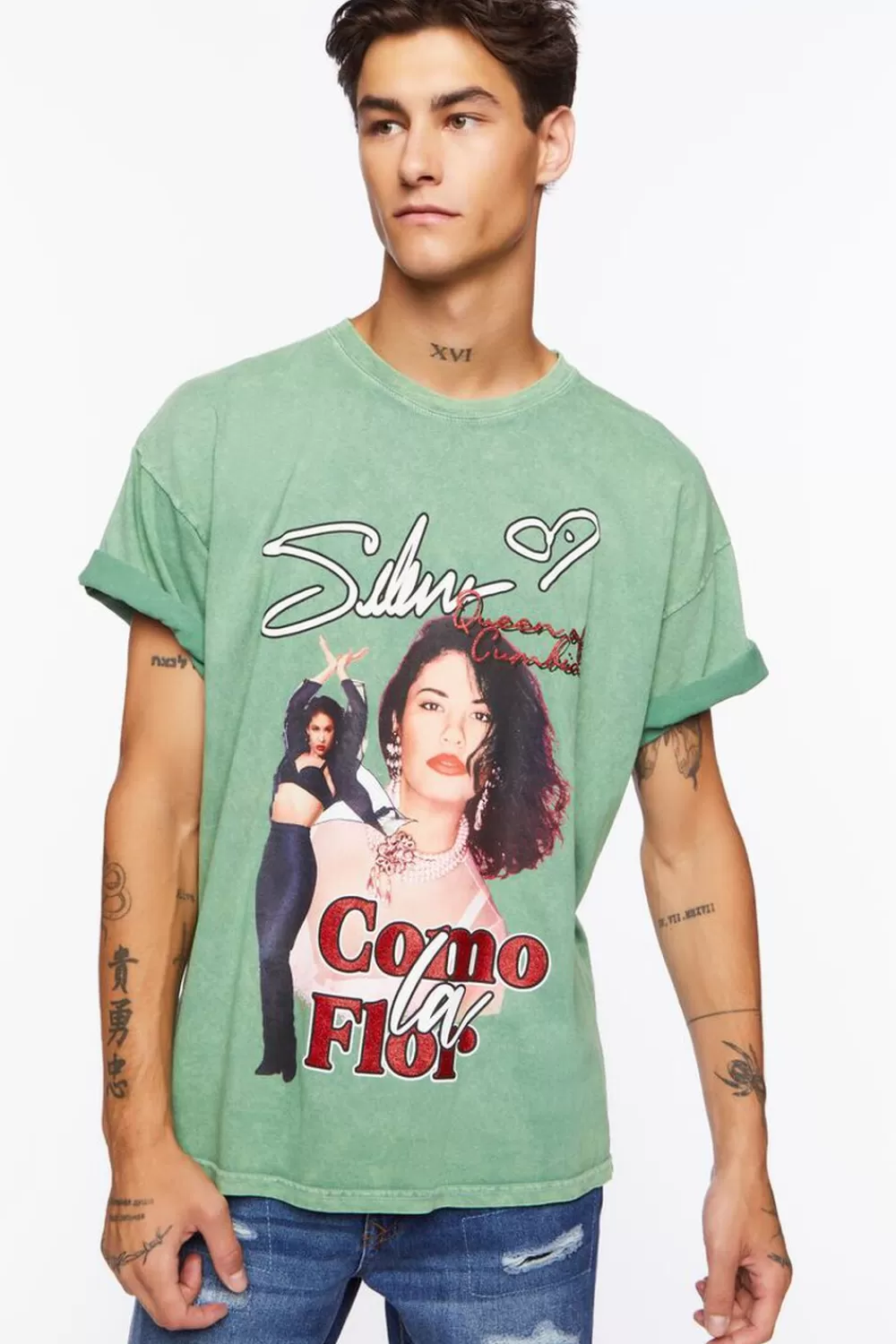 Graphic Tees>Forever 21 Selena Oil Wash Graphic Tee Teal/Multi