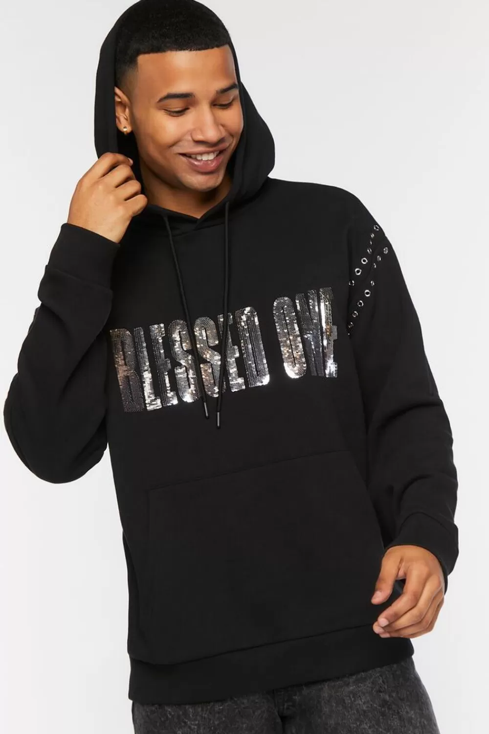 Graphic Tees>Forever 21 Sequin Blessed One Hoodie Black/Multi