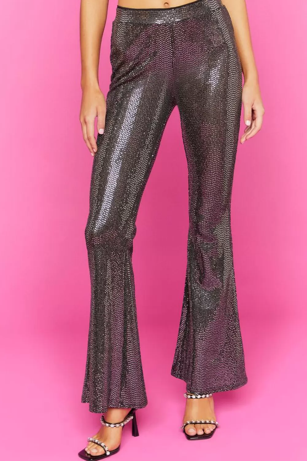 Matching Sets>Forever 21 Sequin Mid-Rise Flare Pants Black/Silver