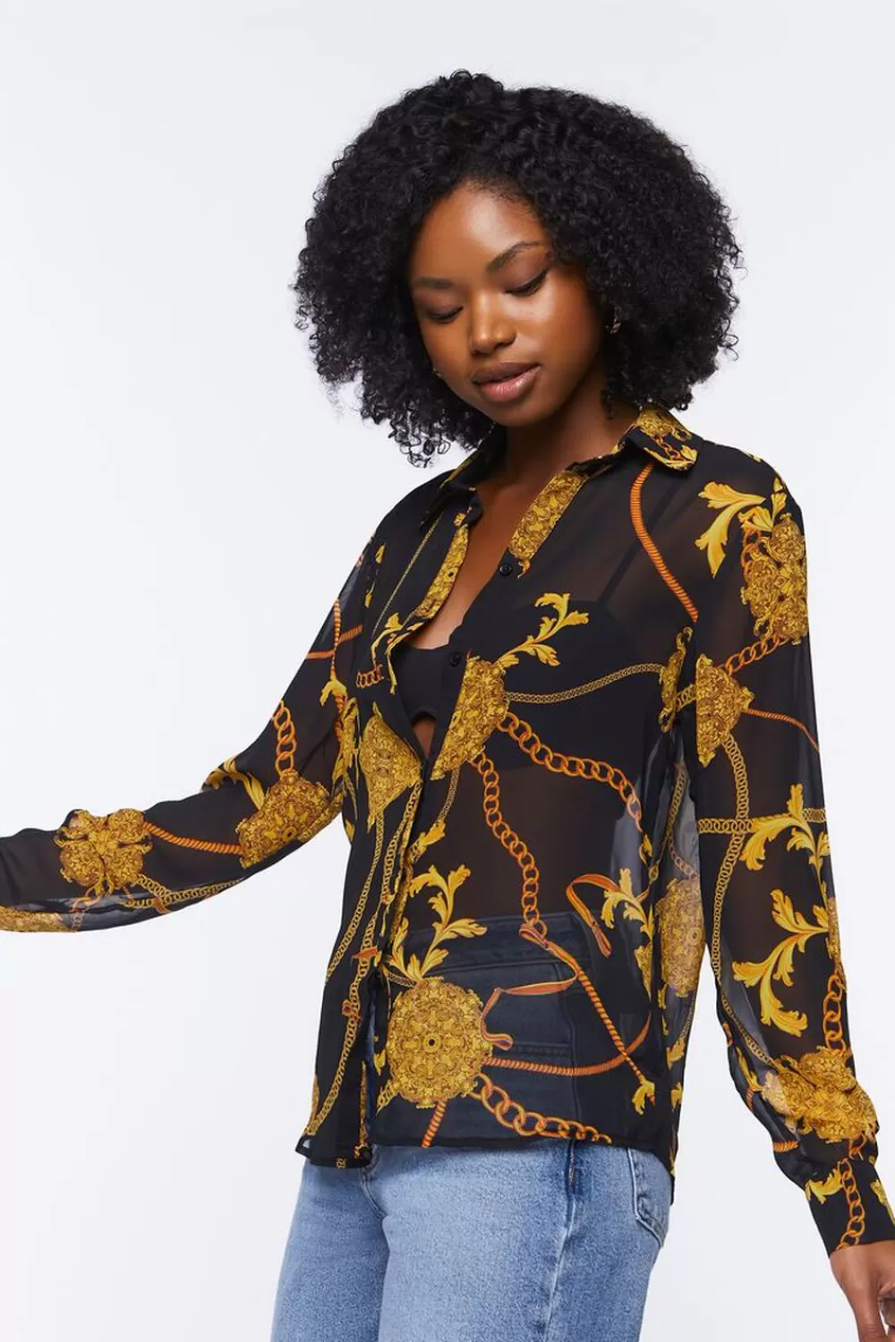 Forever 21 Sheer Baroque Button-Front Shirt | Women Tops