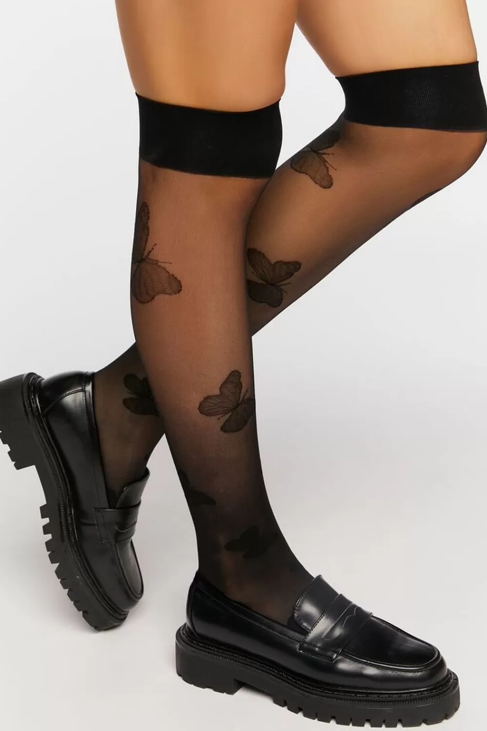 Socks + Tights>Forever 21 Sheer Butterfly Print Crew Socks Black
