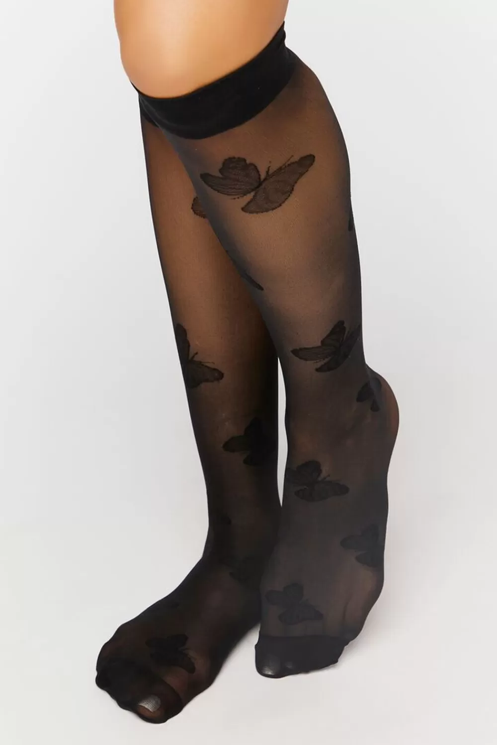 Socks + Tights>Forever 21 Sheer Butterfly Print Crew Socks Black