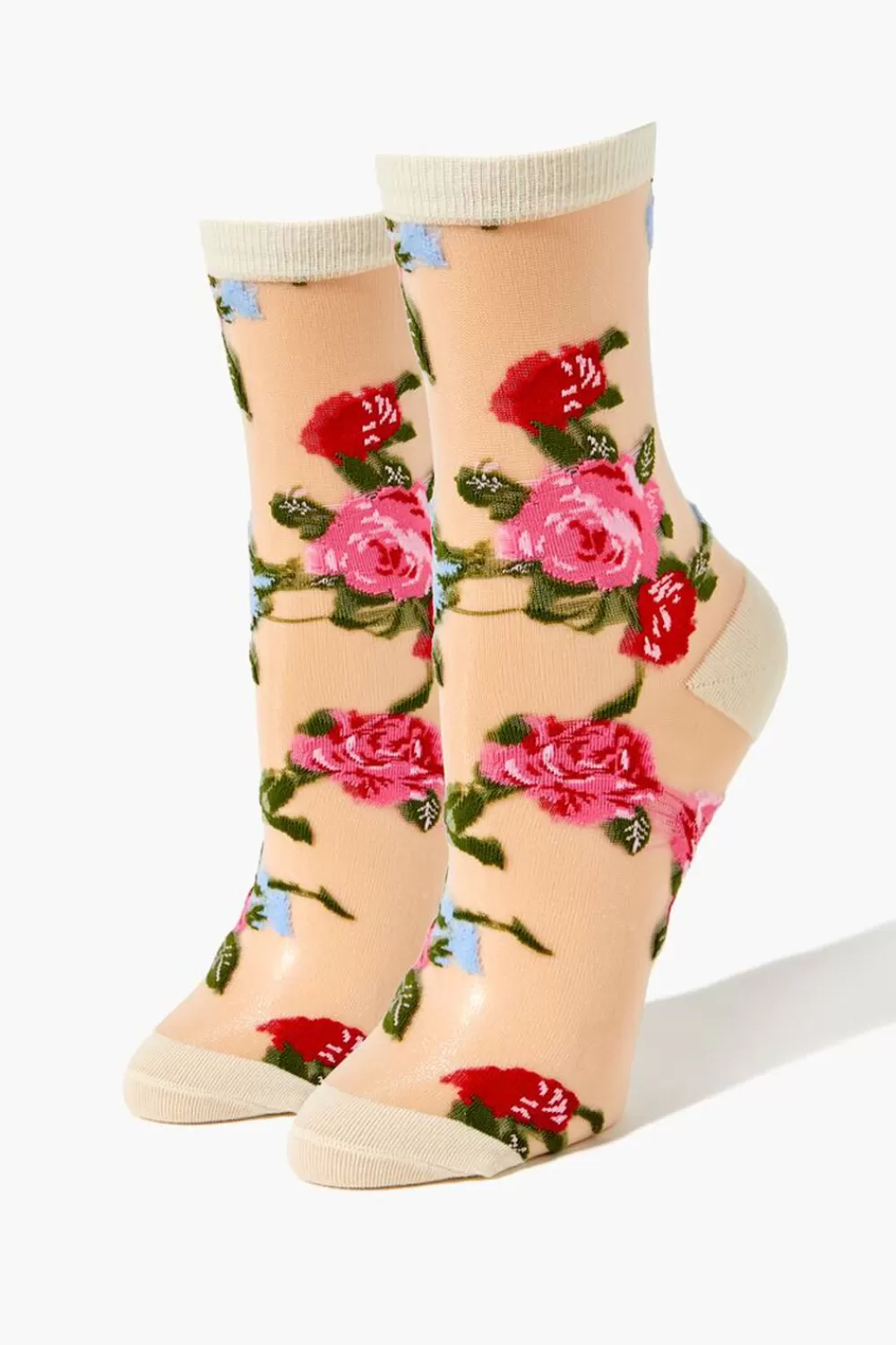 Socks + Tights>Forever 21 Sheer Floral Crew Socks Pink/Multi