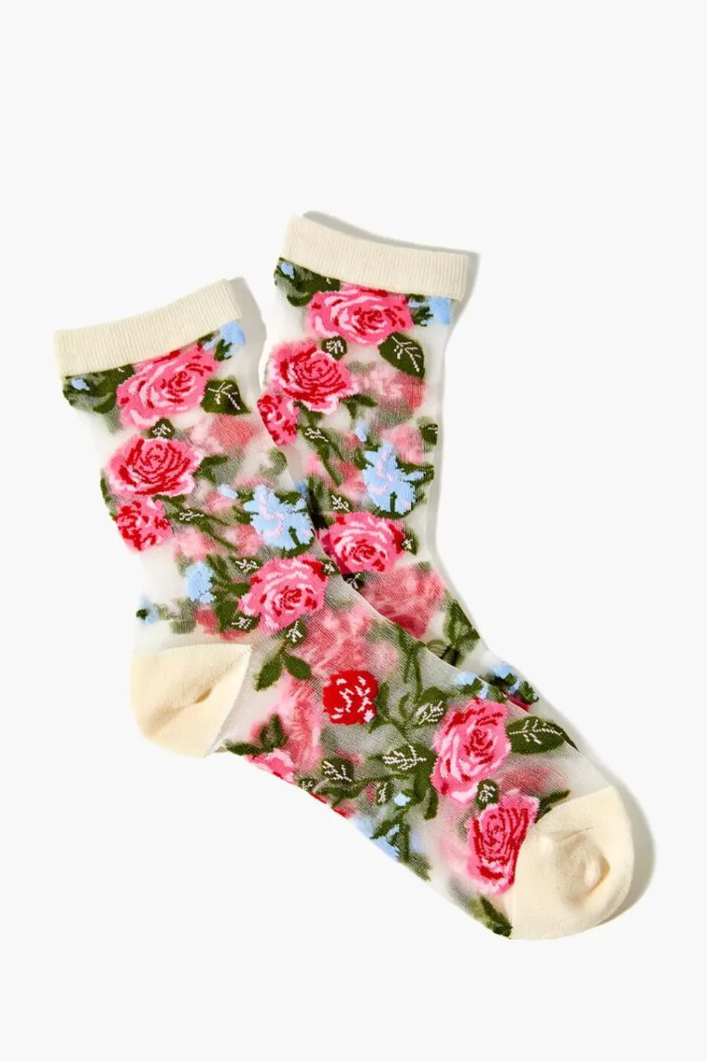 Socks + Tights>Forever 21 Sheer Floral Crew Socks Pink/Multi