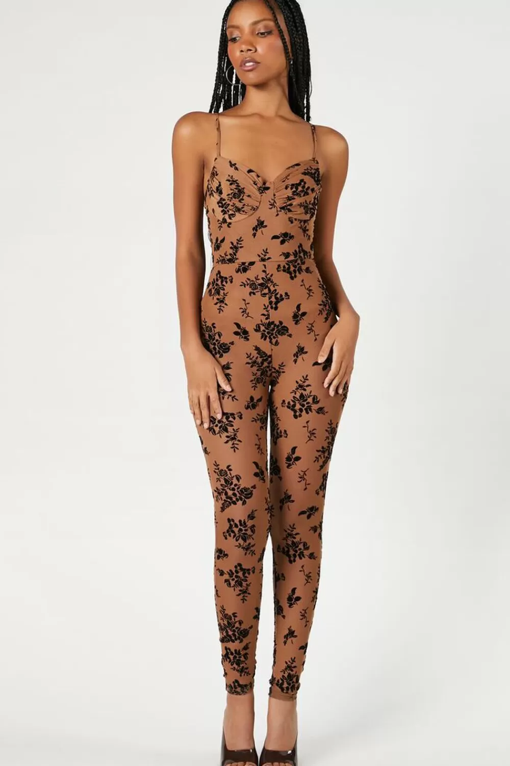 Rompers + Jumpsuits>Forever 21 Sheer Floral Mesh Jumpsuit Cocoa/Cocoa