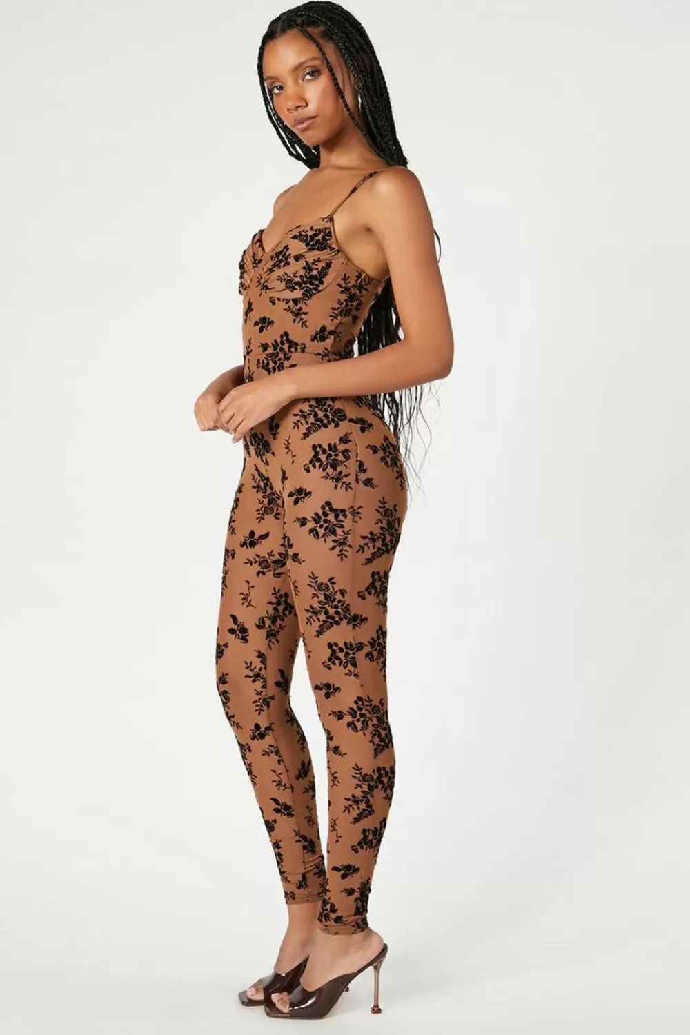 Rompers + Jumpsuits>Forever 21 Sheer Floral Mesh Jumpsuit Cocoa/Cocoa