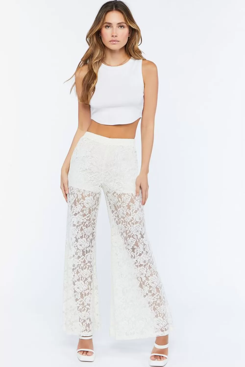 Bottoms>Forever 21 Sheer Lace Flare Pants Cream