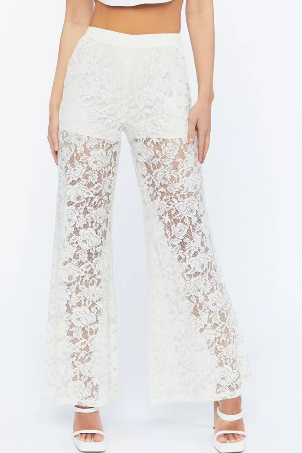 Bottoms>Forever 21 Sheer Lace Flare Pants Cream