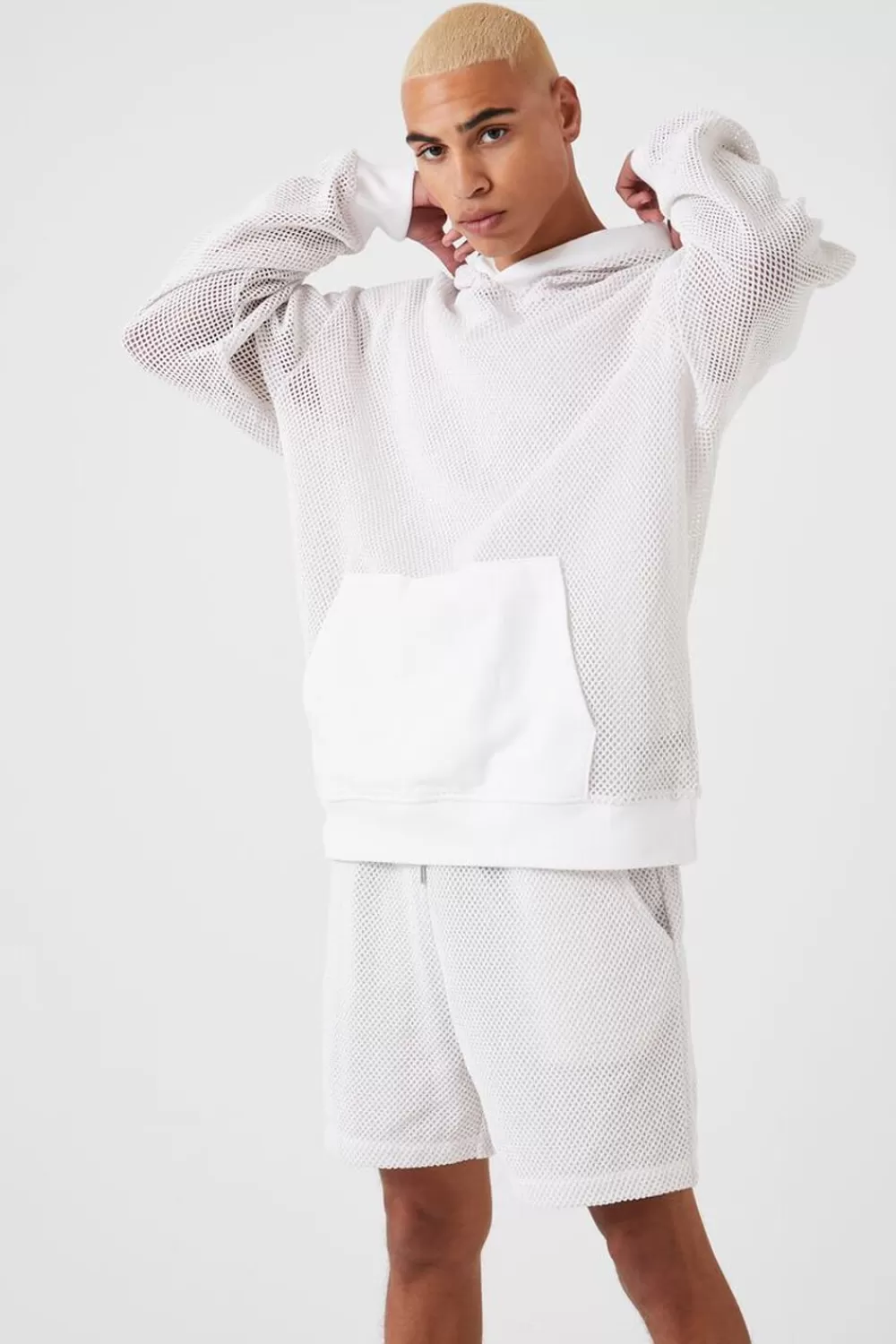 Tops>Forever 21 Sheer Mesh Netted Hoodie Cream