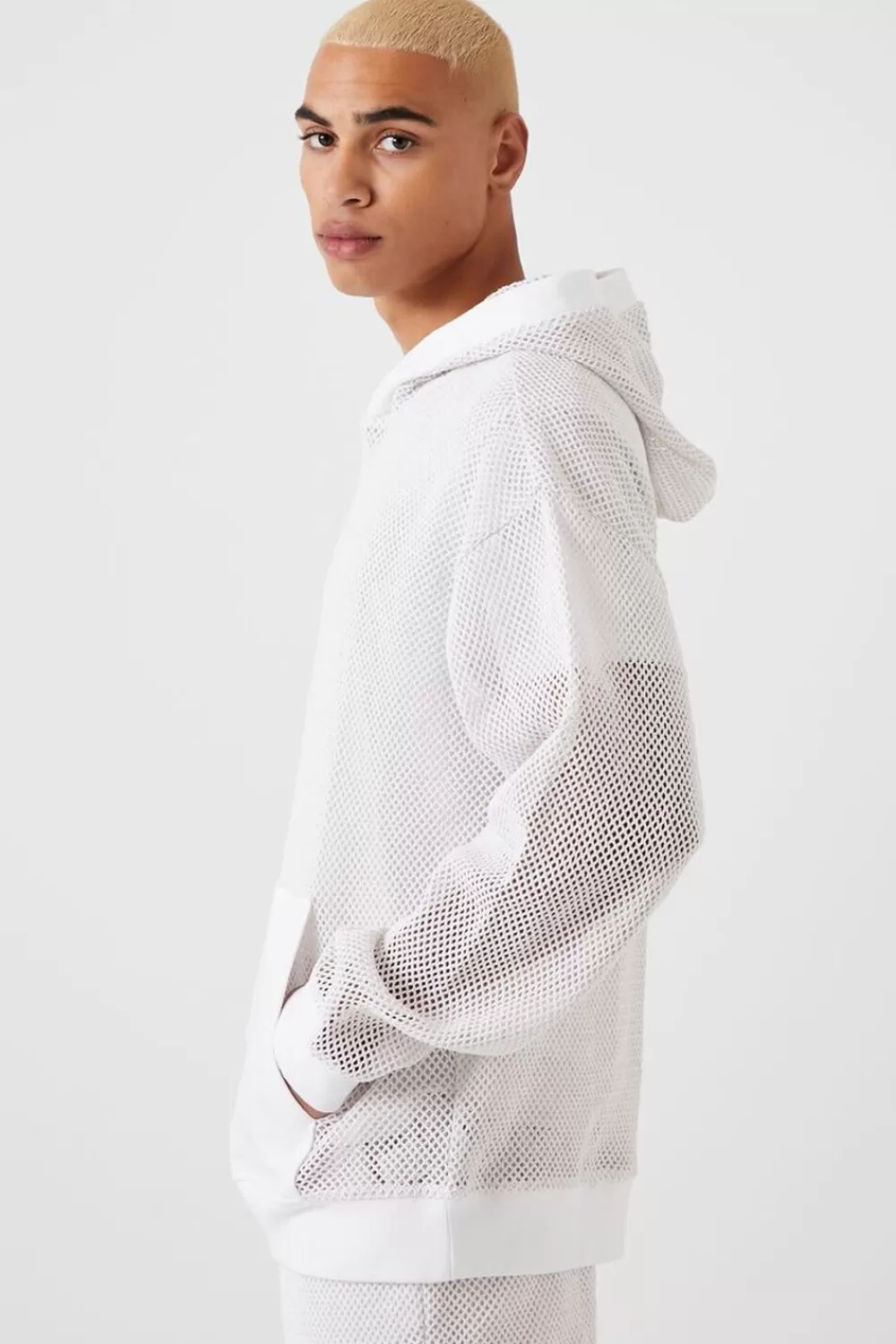 Tops>Forever 21 Sheer Mesh Netted Hoodie Cream