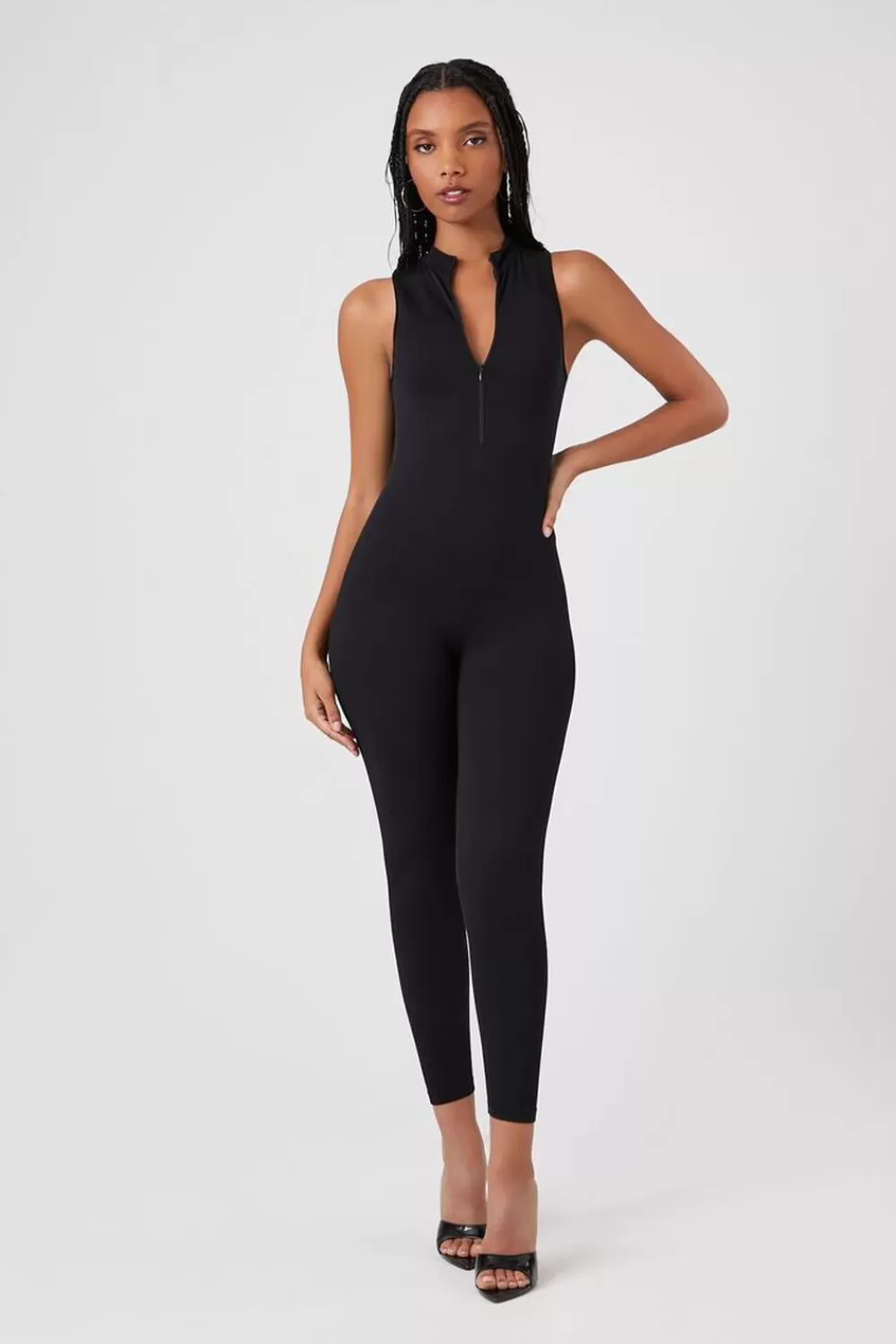 Rompers + Jumpsuits>Forever 21 Sleeveless Half-Zip Fitted Jumpsuit Black