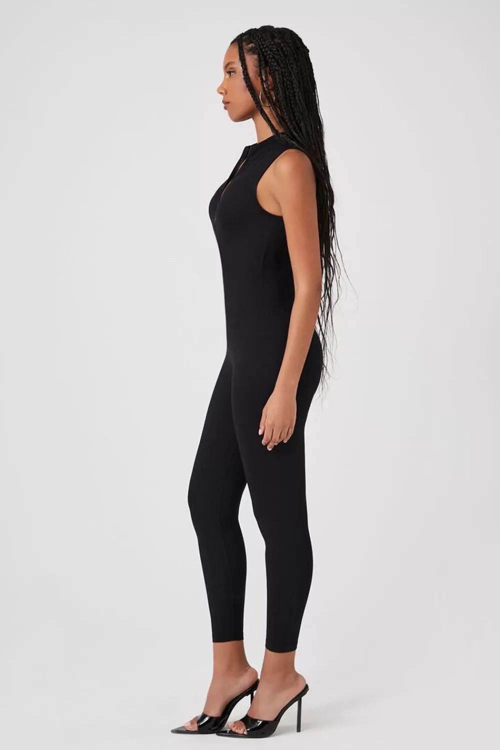 Rompers + Jumpsuits>Forever 21 Sleeveless Half-Zip Fitted Jumpsuit Black
