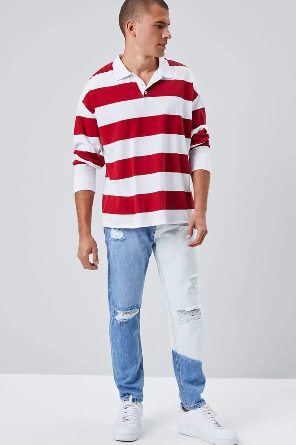 Jeans + Denim>Forever 21 Slim-Fit Bleach Wash Jeans Light Denim/White