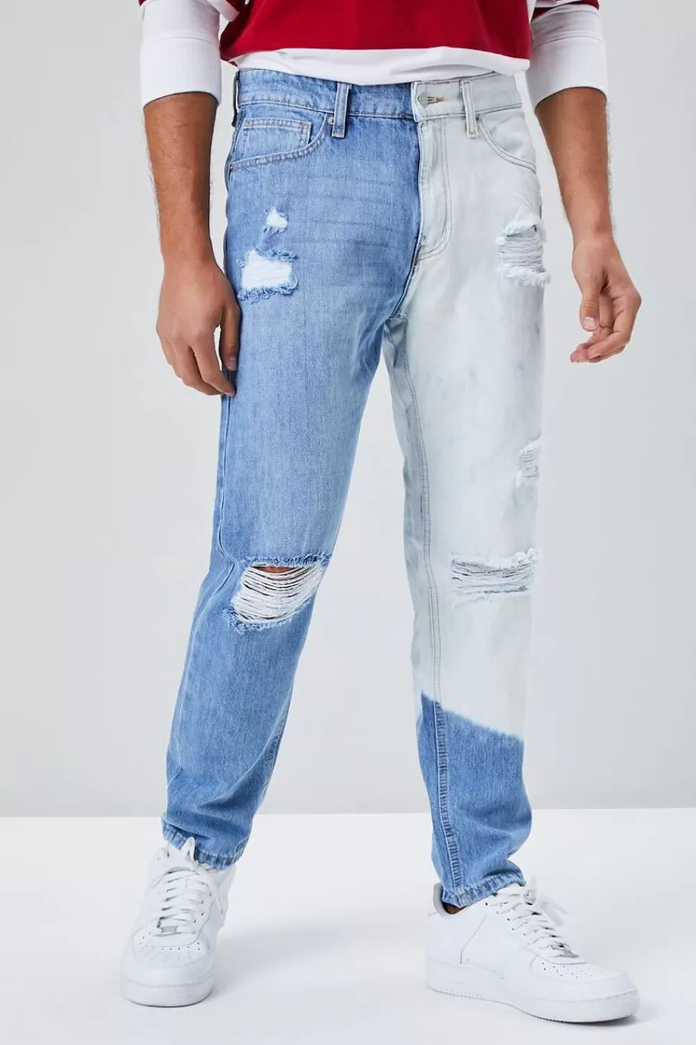 Jeans + Denim>Forever 21 Slim-Fit Bleach Wash Jeans Light Denim/White