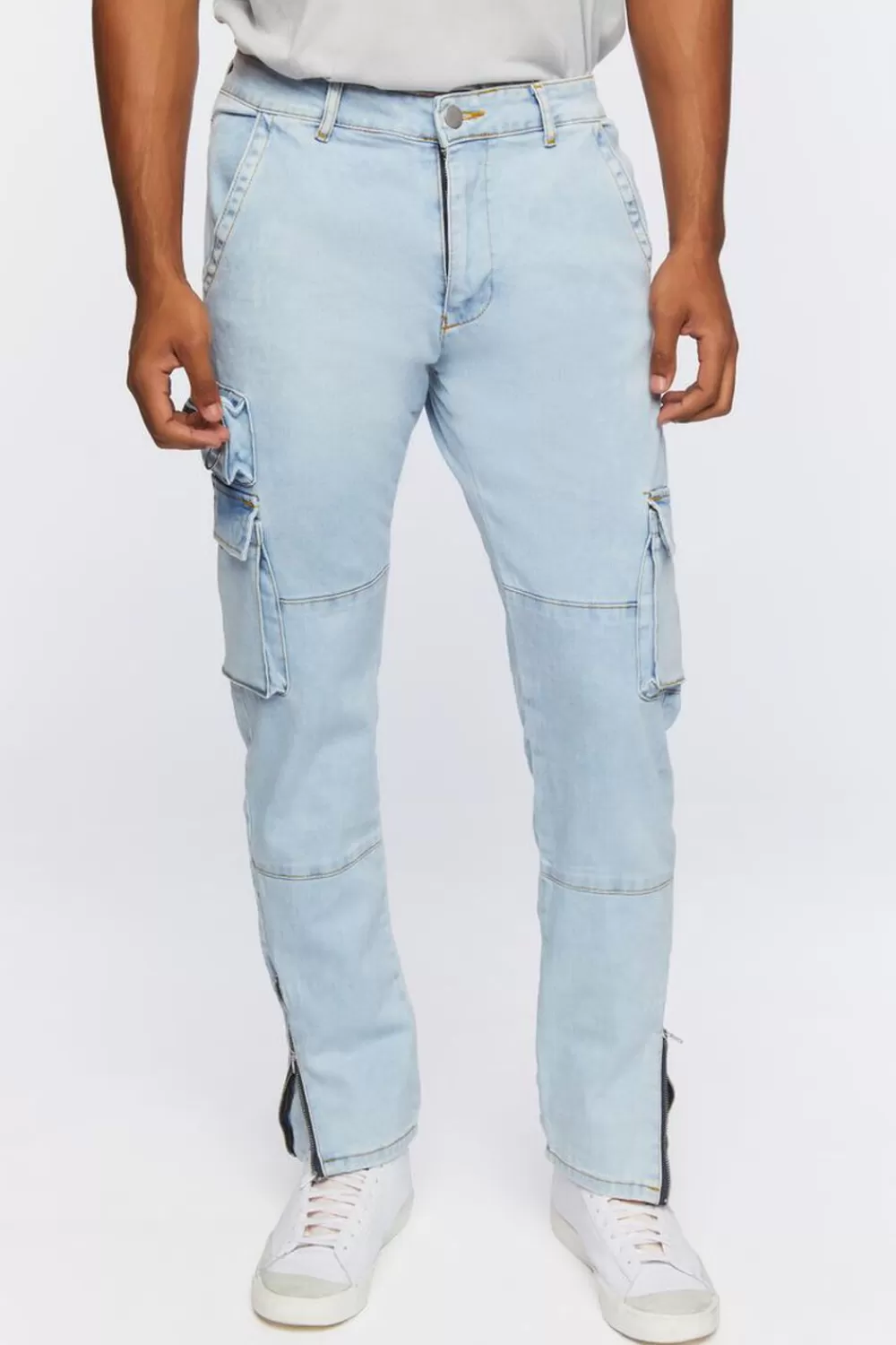 Jeans + Denim>Forever 21 Slim-Fit Cargo Jeans Denim Washed