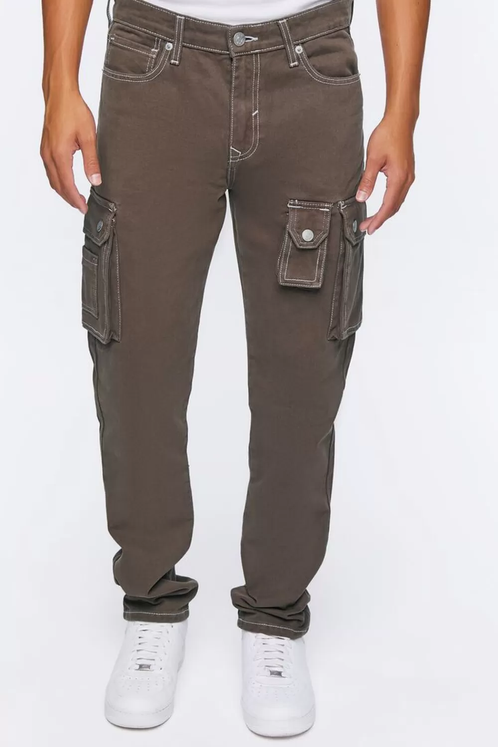 Jeans + Denim>Forever 21 Slim-Fit Denim Cargo Pants Dark Brown
